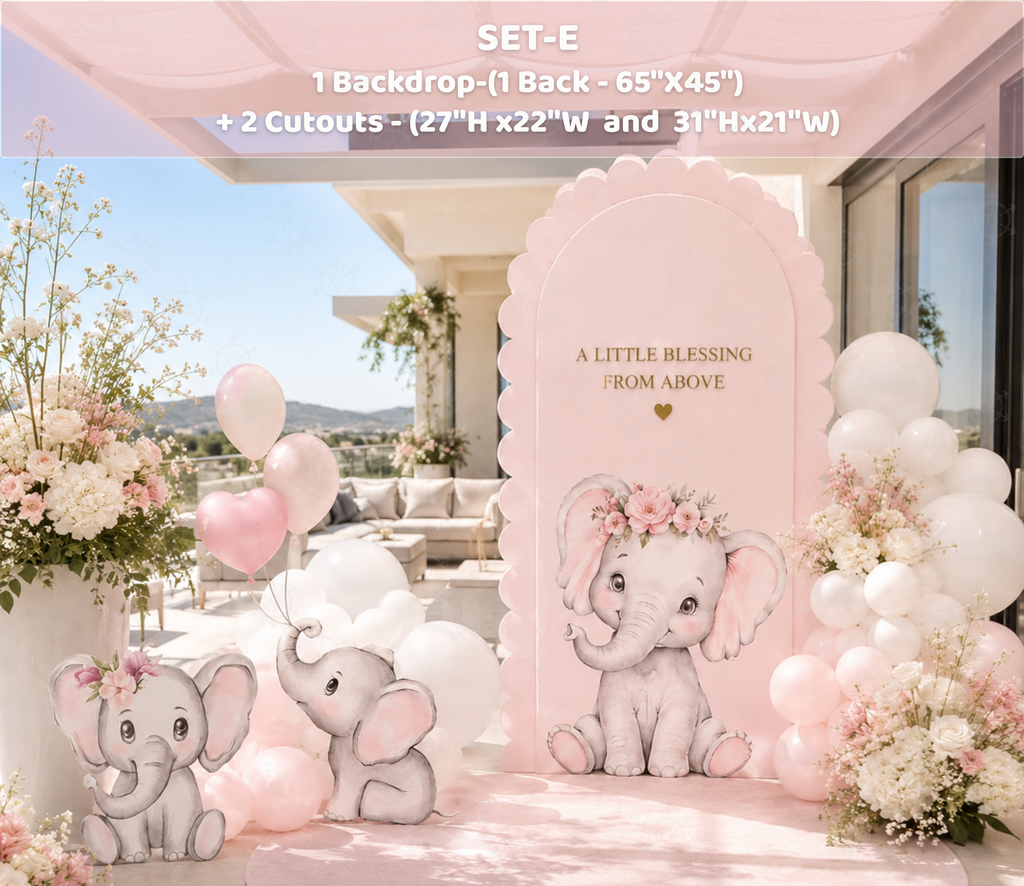 Baby Elephant Baptism Backdrop & Cutouts | Personalized Pink Little Blessing Party Decor
