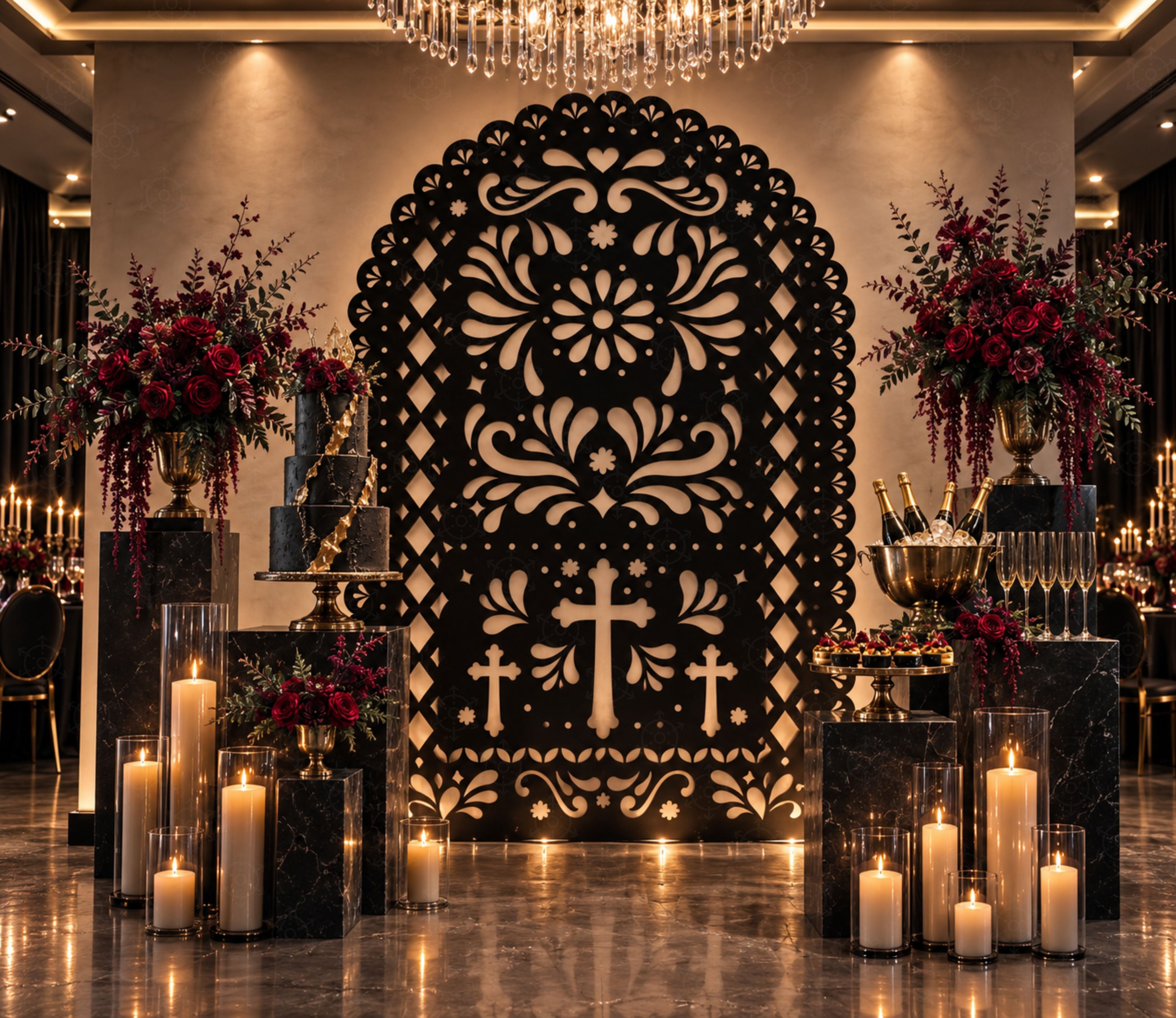 Black religious papel picado backdrop with cross design for elegant faith celebration