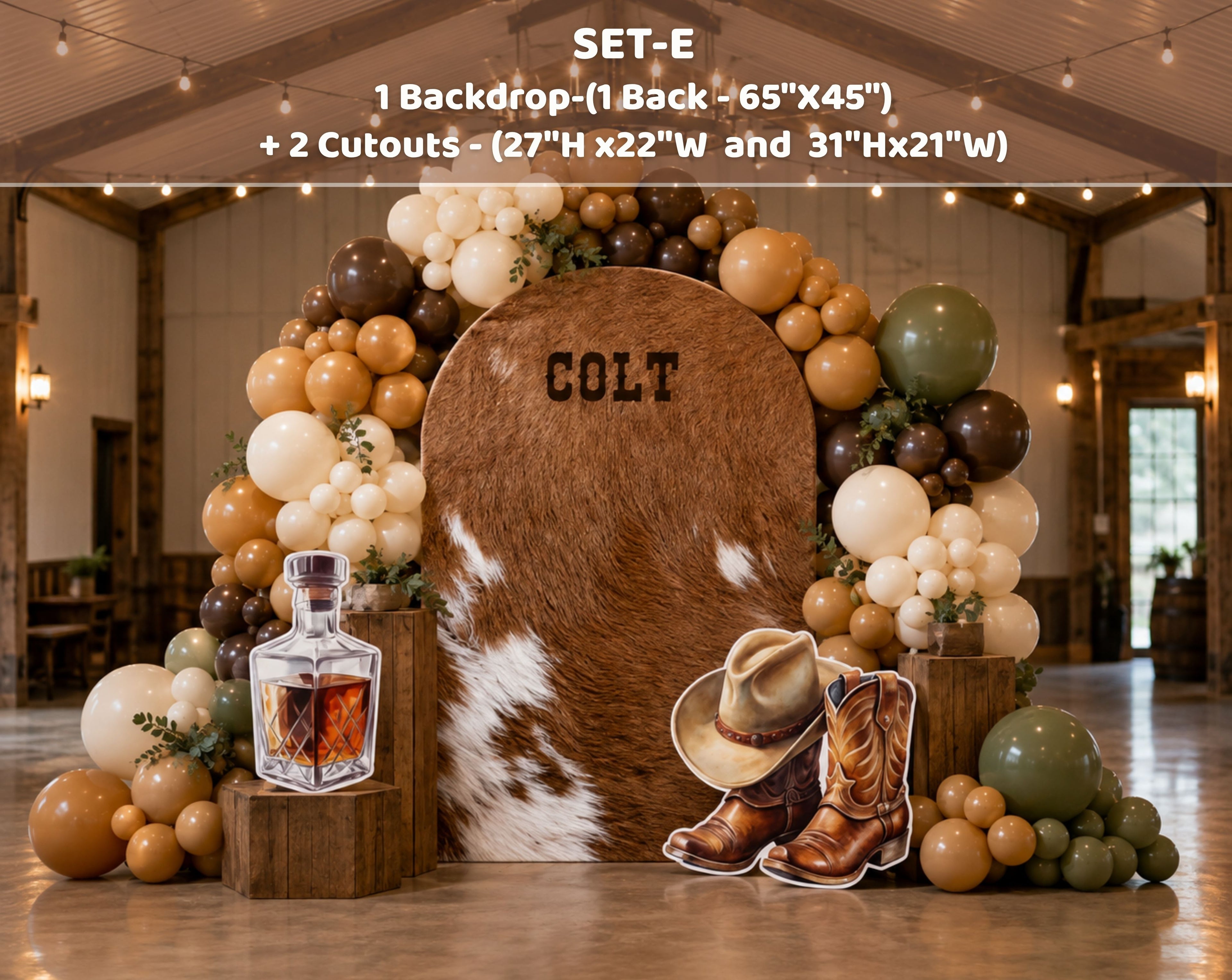 Personalized cowboy birthday setup with western backdrop panels, rustic party styling and Wild West themed decorations.