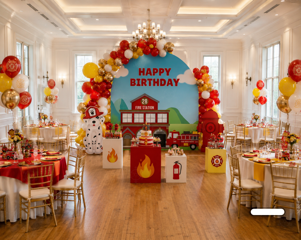 Firefighter Birthday Backdrop & Cutouts | Personalized Fire Truck Party Decorations