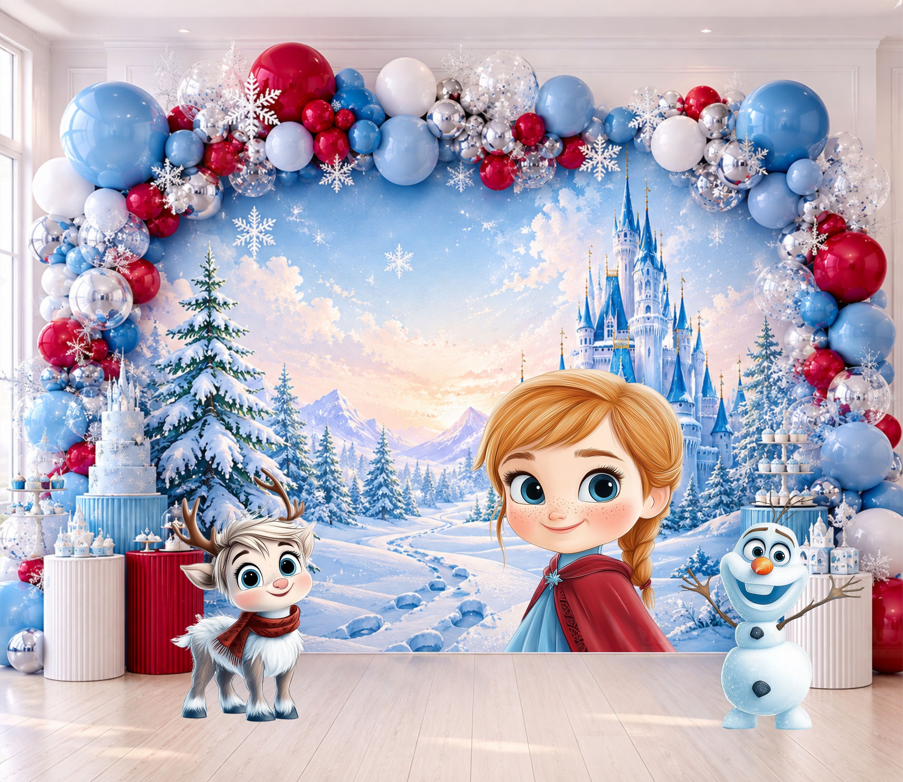 Ice princess birthday backdrop with character cutouts and blue red silver balloon garland