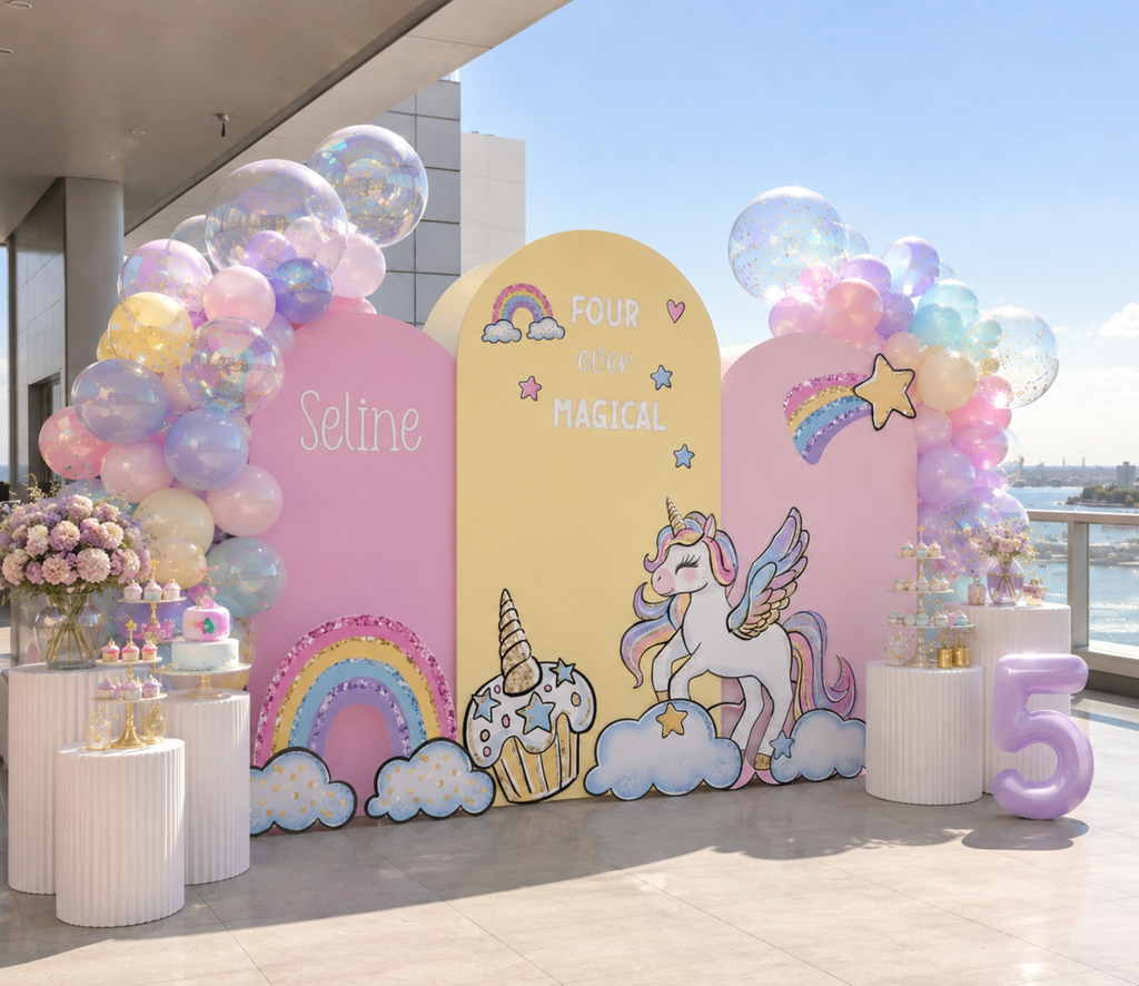 Custom Unicorn Birthday Backdrops & Cutouts | Pink Pastel Unicorn Party Decorations
