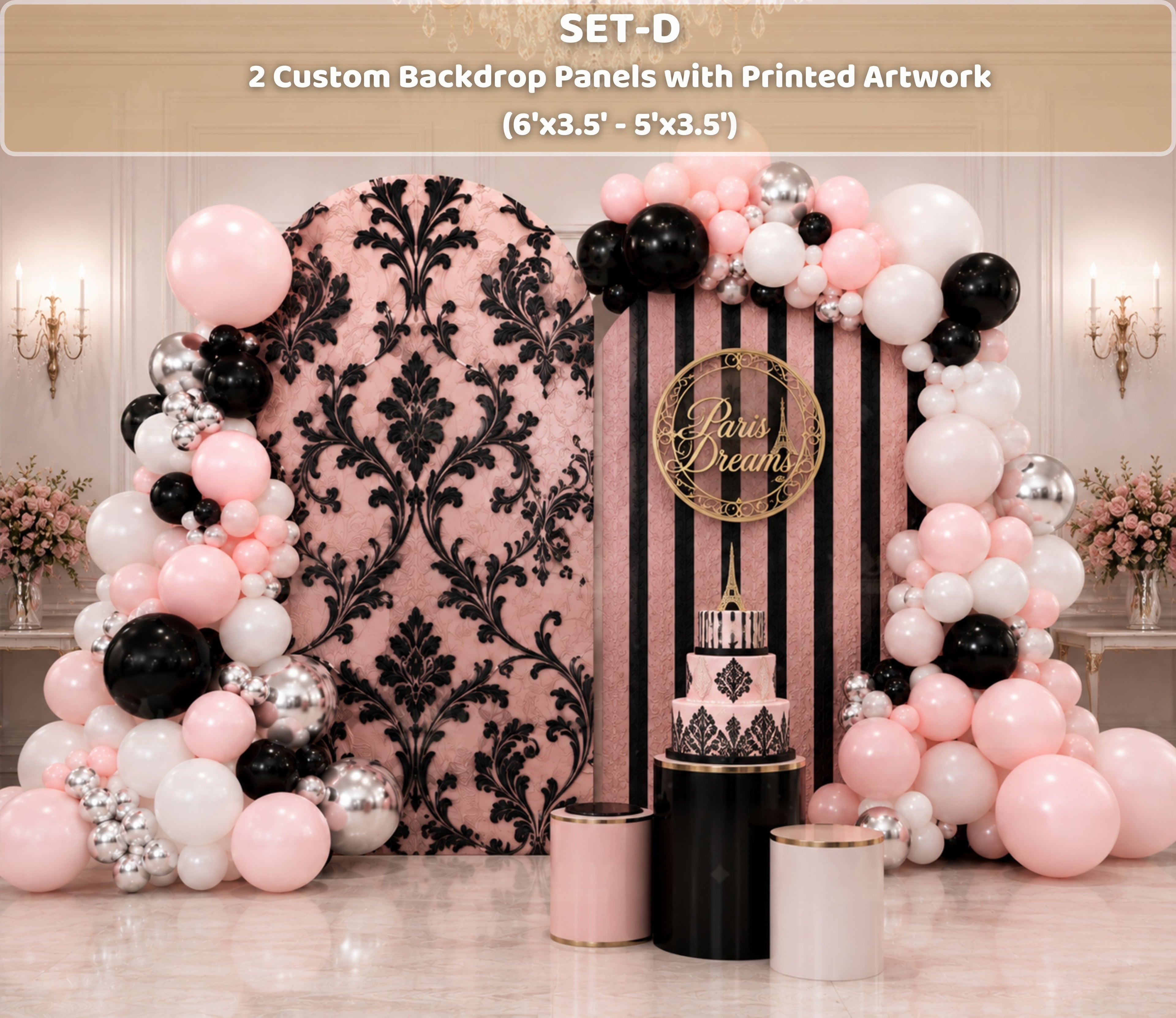 Pink fashion doll birthday display with vanity inspired backdrop, hot pink panels and matching character decorations for a girls celebration.