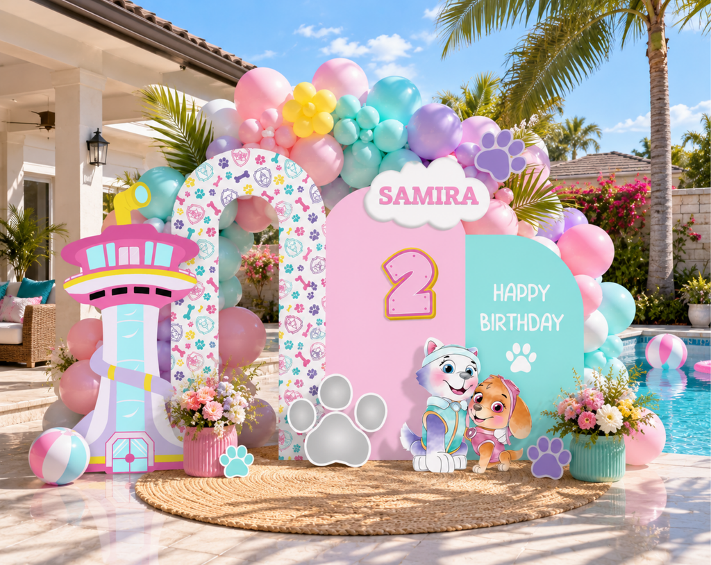 Pool Puppy Party Decoration Custom Backdrop with Shelves and Party Favors Rescue Summer Birthday Theme