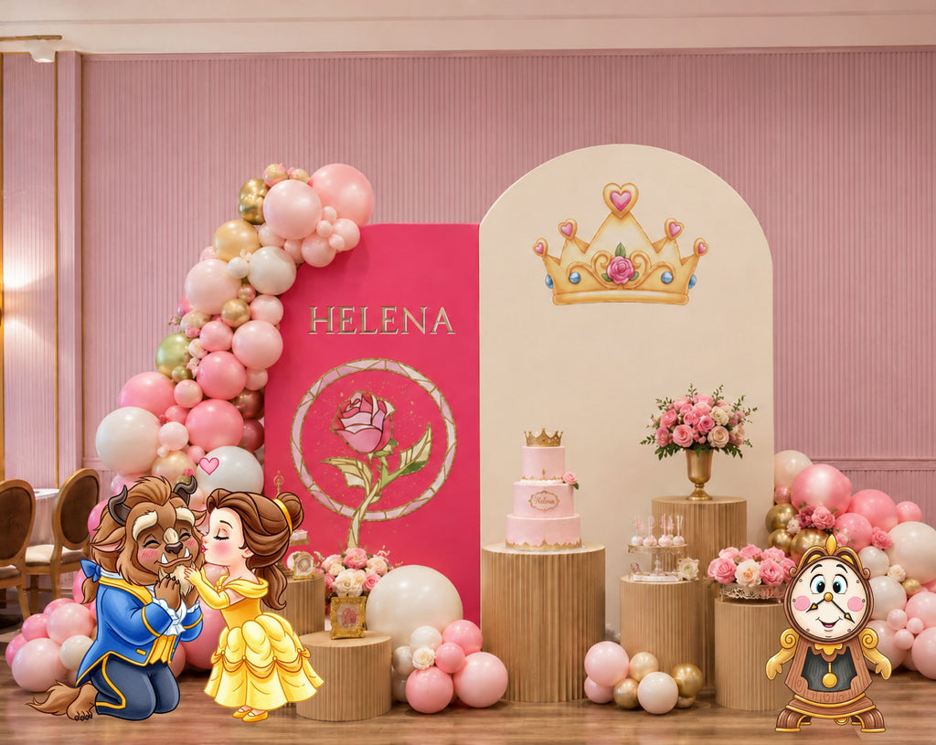 Custom princess party decor with blush pink backdrop, floral accents, and personalized birthday styling for a little girl celebration.