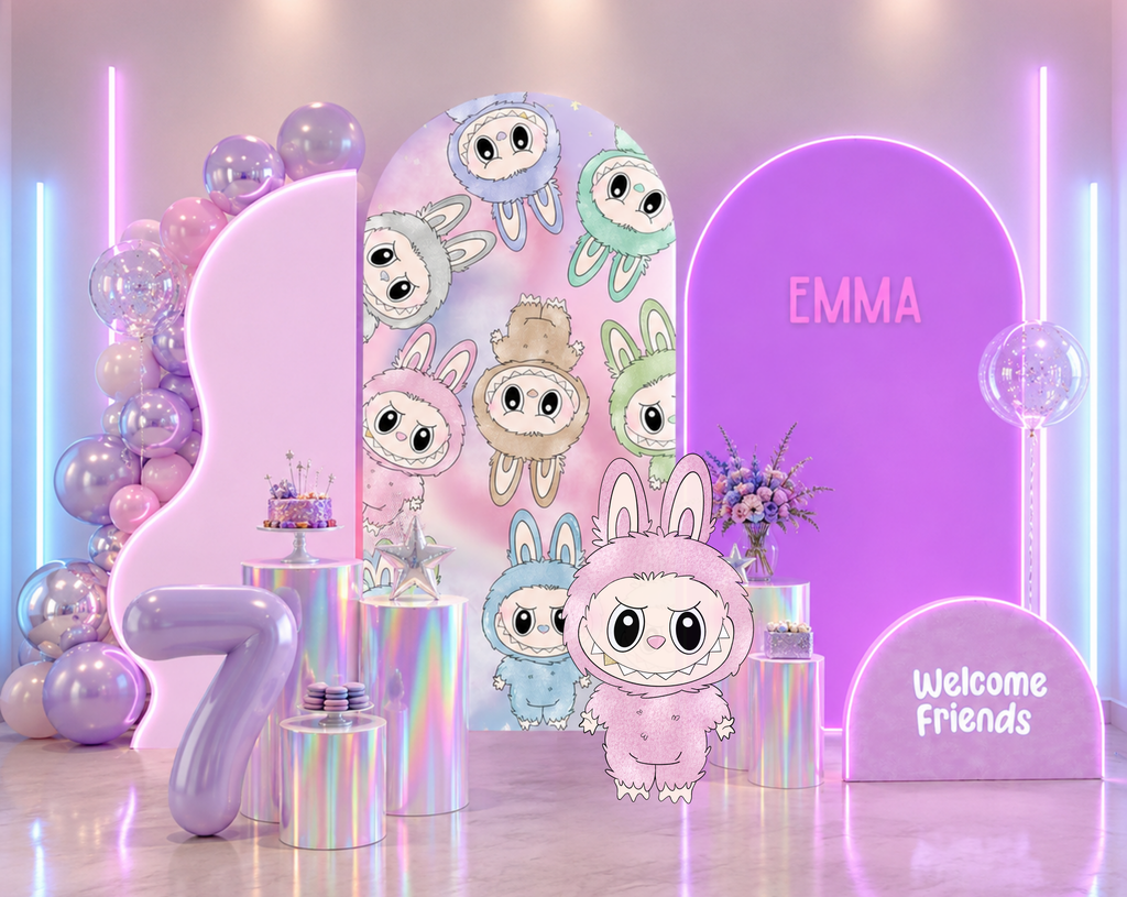 Cute Monster Birthday Backdrop & Cutouts | Personalized Kawaii Pastel Party Decorations