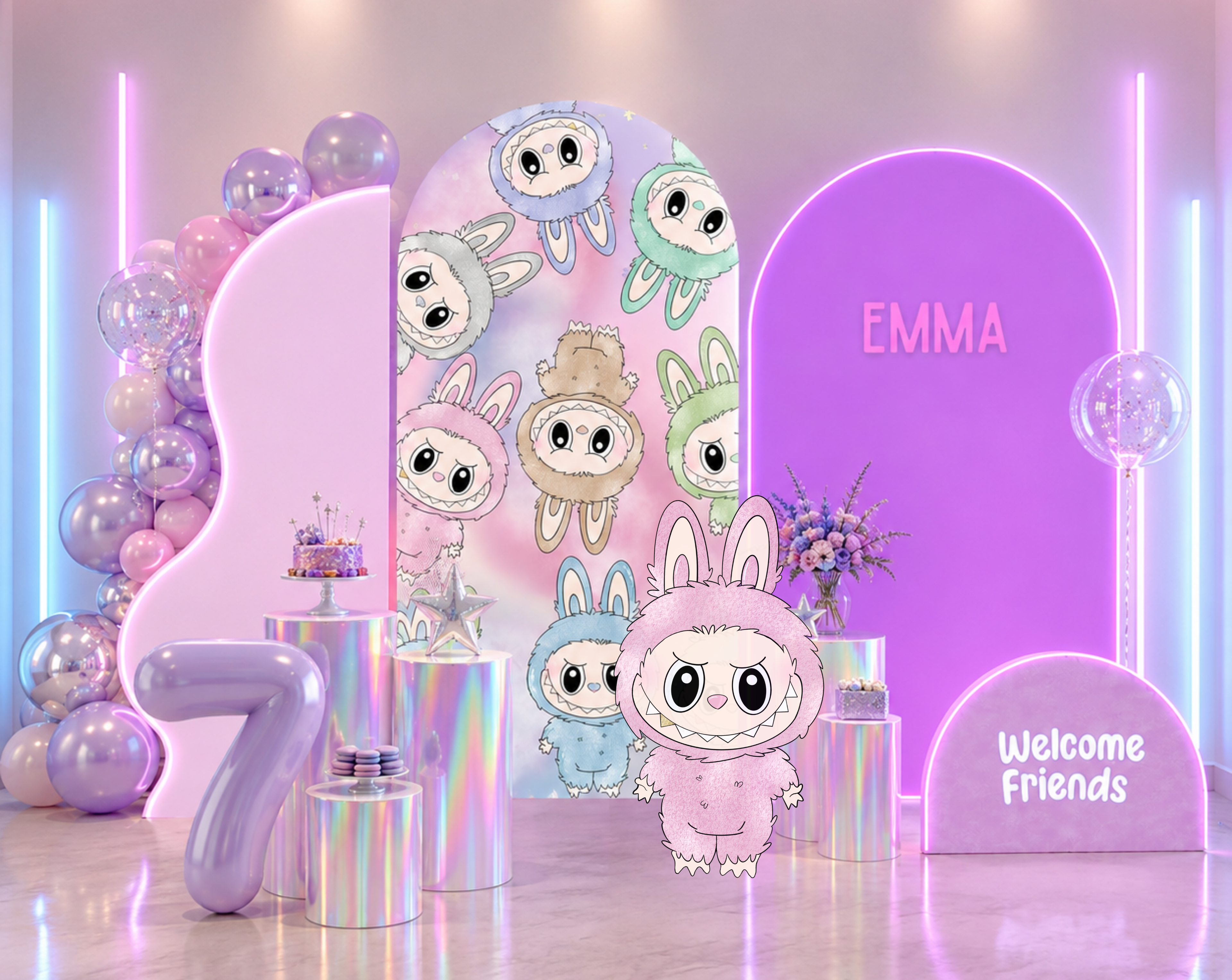 Cute Monster Birthday Backdrop & Cutouts | Personalized Kawaii Pastel Party Decorations