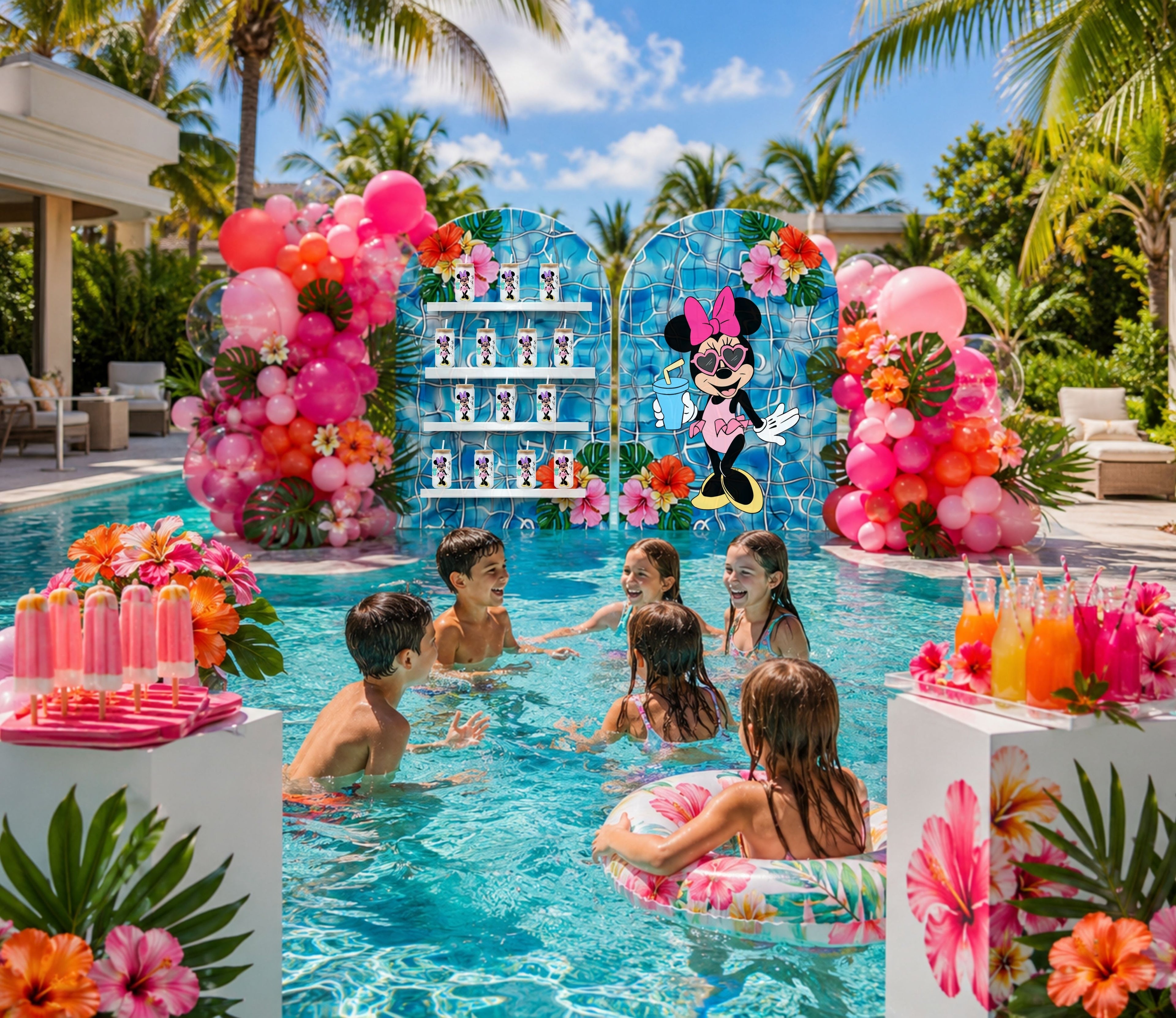 Colorful tropical pool party decorations with custom backdrop panels, balloons and summer birthday party decor.