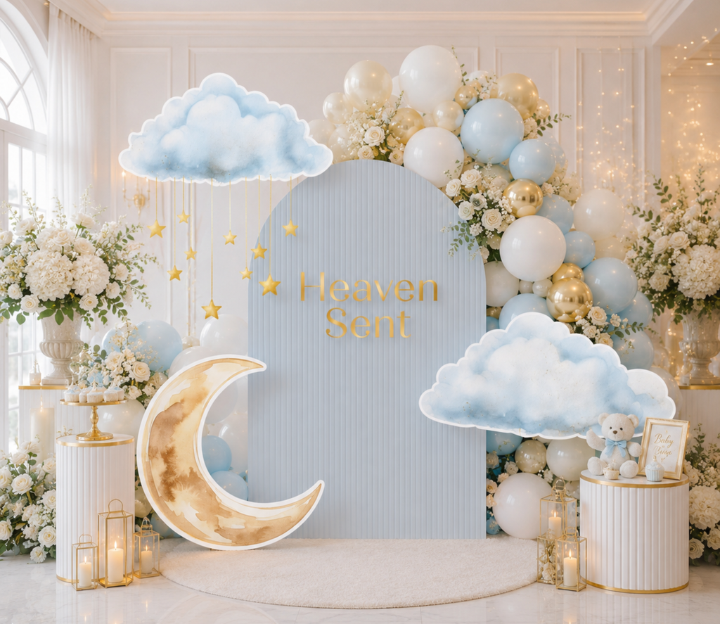 Personalized Heaven Sent Baby Shower Decorations | Celestial Moon & Stars Backdrop & Cutouts | Cloud Baby Boy Party Decor (Copy)