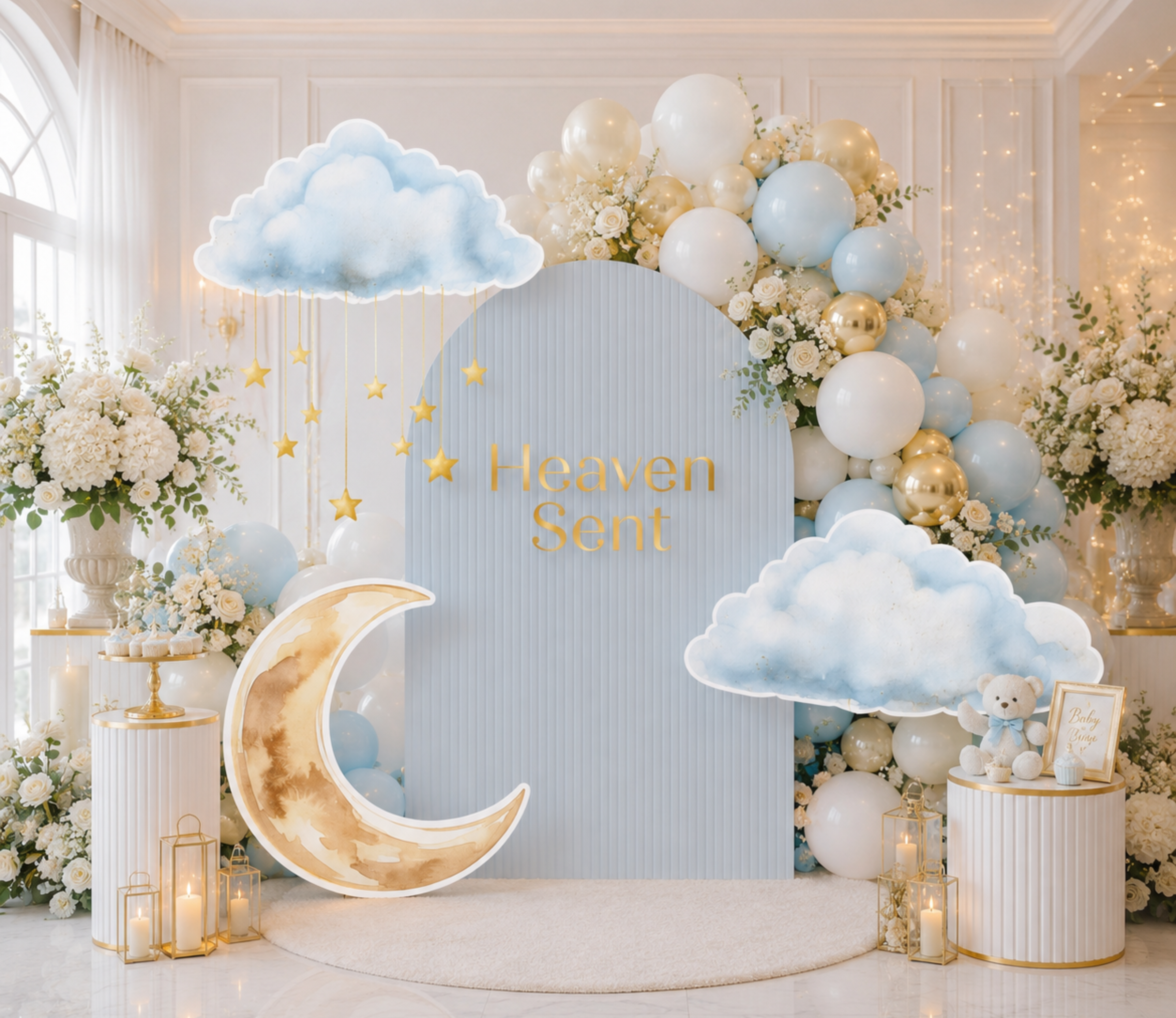 Personalized Heaven Sent Baby Shower Decorations | Celestial Moon & Stars Backdrop & Cutouts | Cloud Baby Boy Party Decor (Copy)