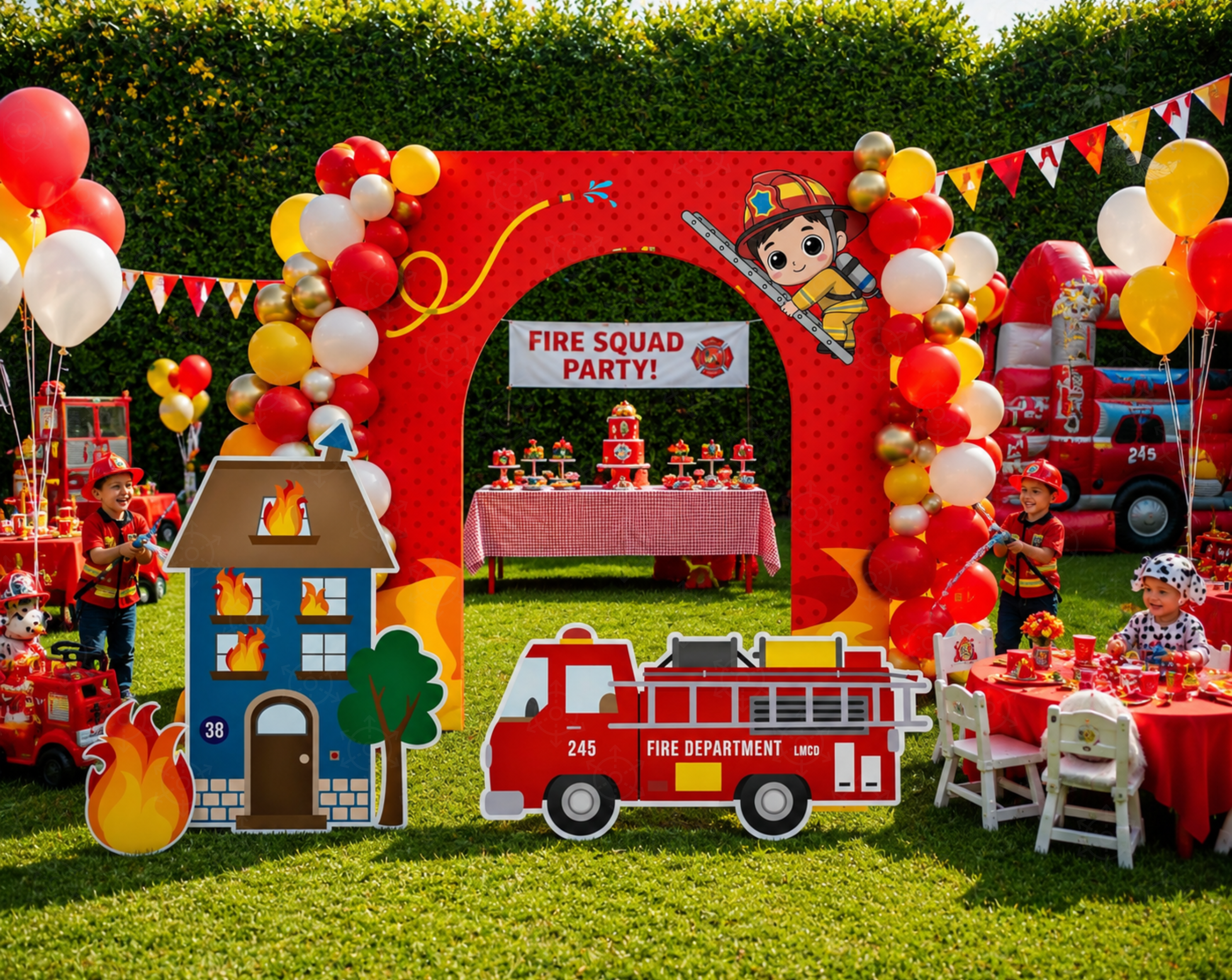 Firefighter Birthday Backdrop & Cutouts | Personalized Fire Truck Party Decorations