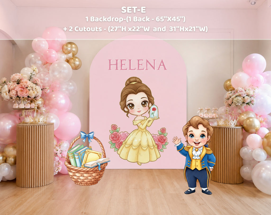 Personalized princess storybook party backdrop with fairytale characters, pastel balloons, and custom birthday decor.