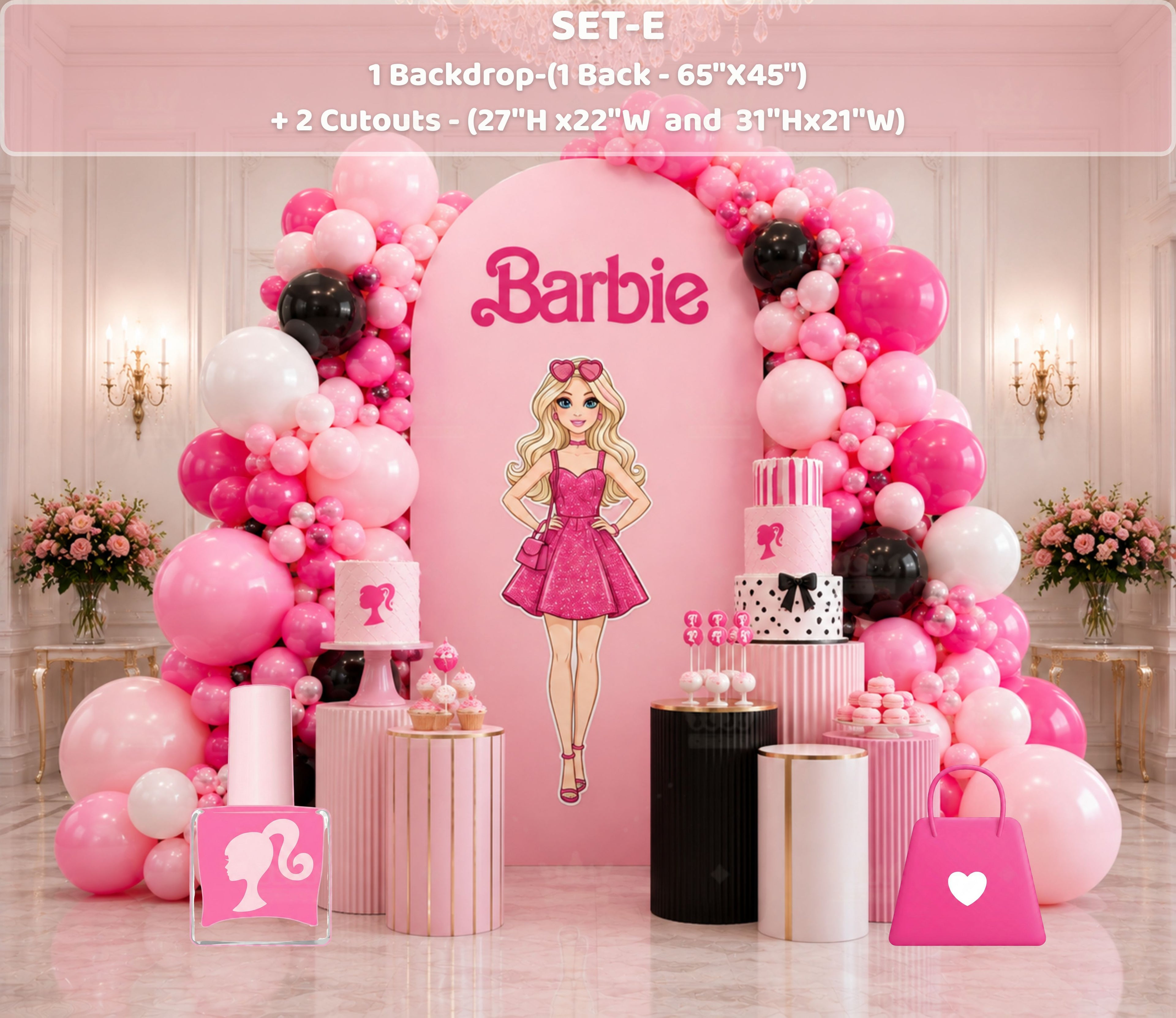 Personalized doll birthday backdrop with pink balloon clusters, luxury girls party styling and matching fashion themed decor.