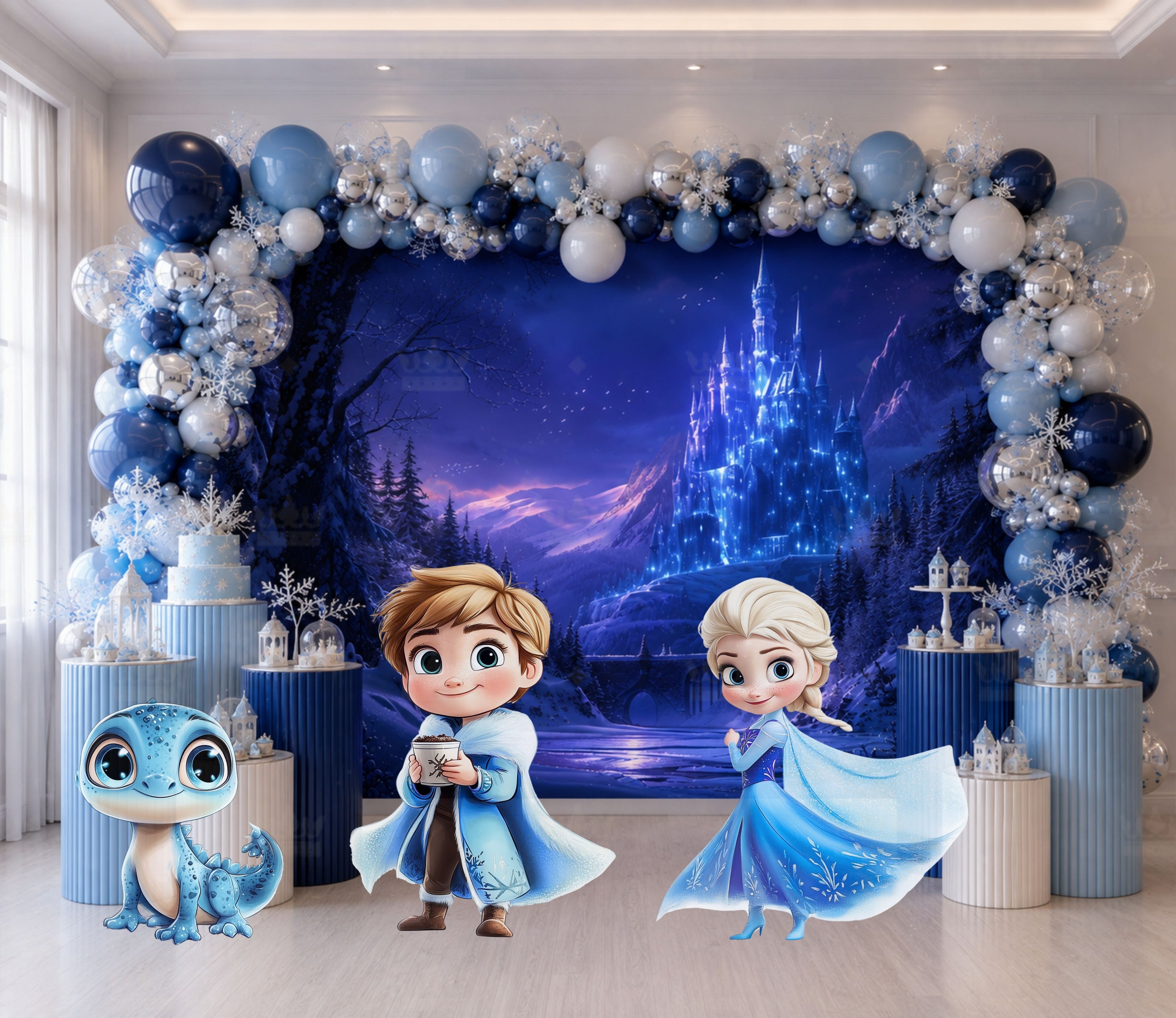 Blue ice princess birthday backdrop with matching character cutouts and winter balloon decorations