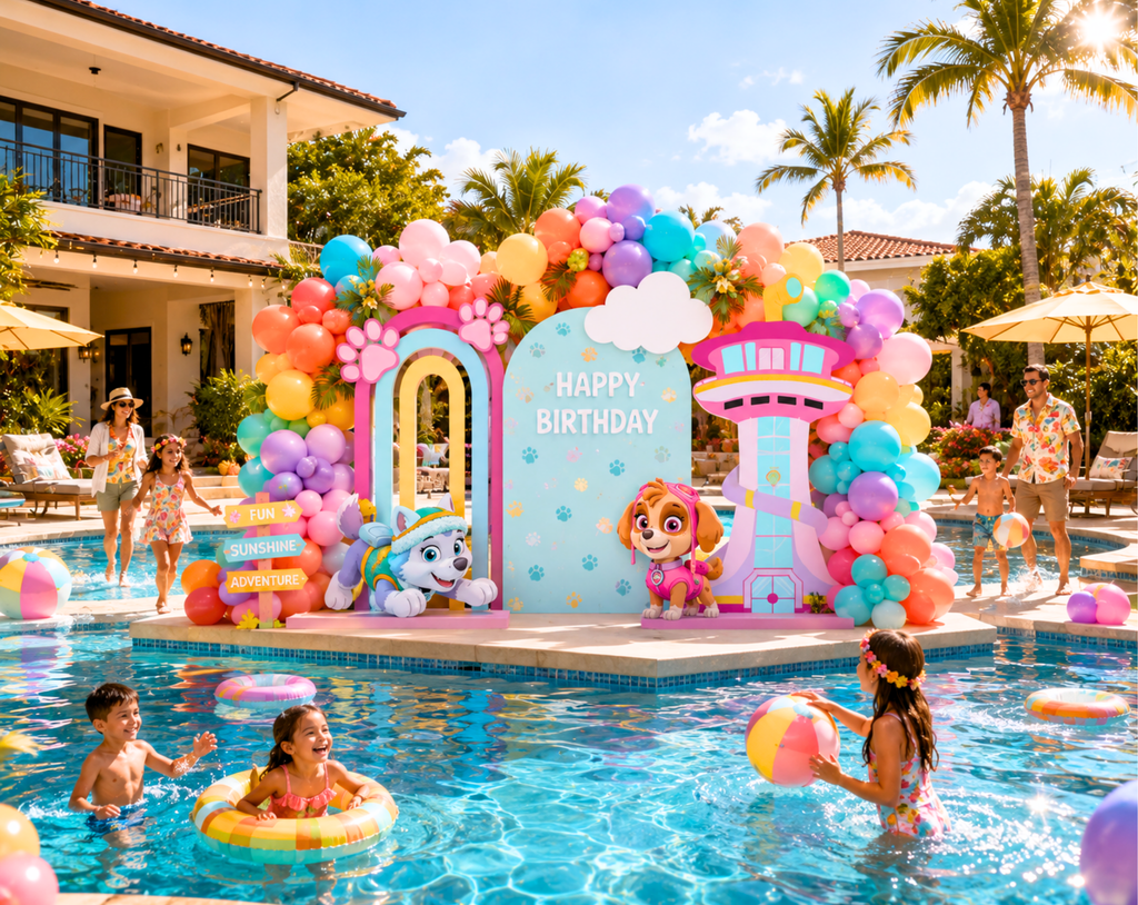 Pool Puppy Party Decoration Custom Backdrop with Shelves and Party Favors Rescue Summer Birthday Theme