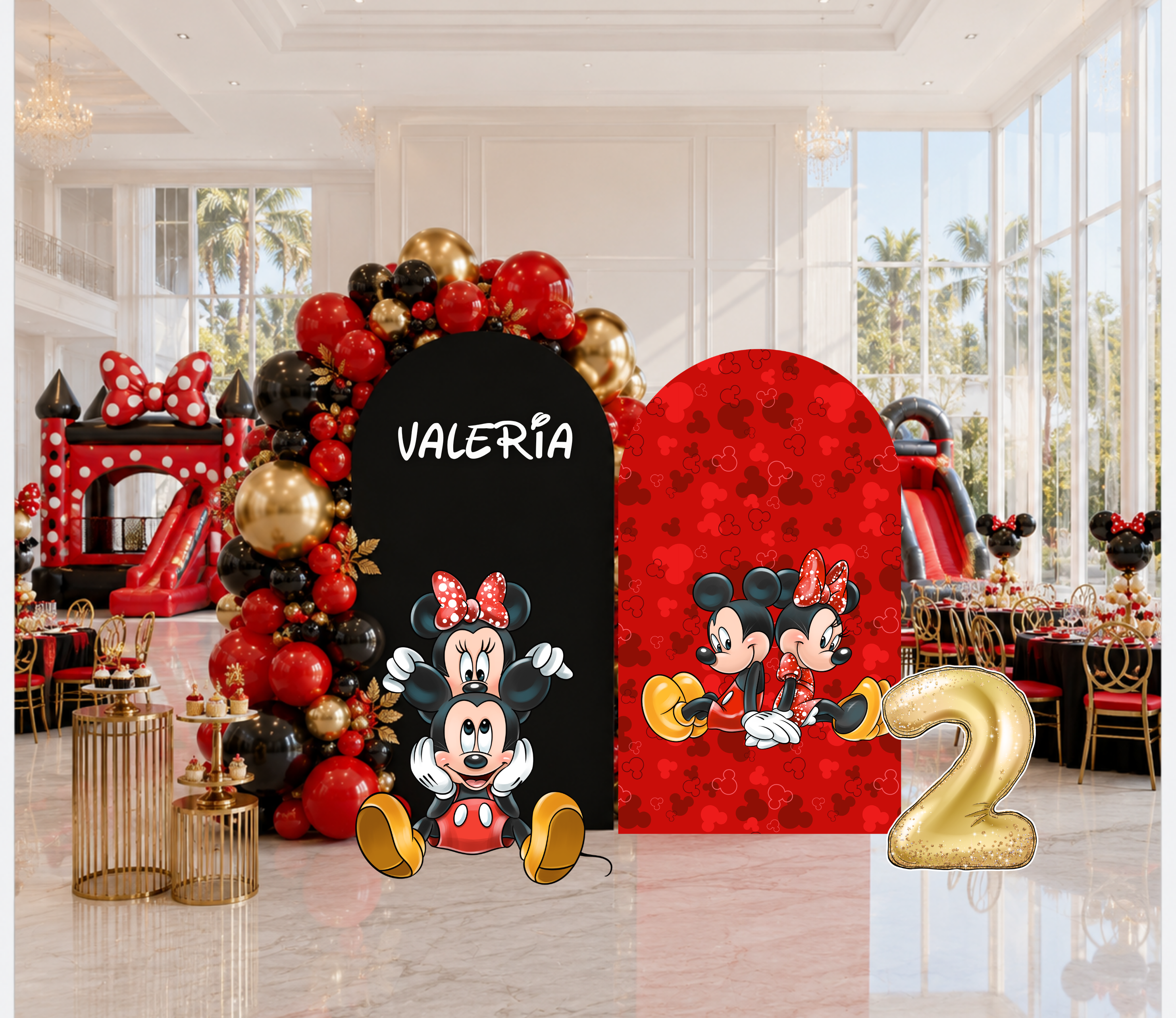Classic Mouse Birthday Backdrop & Cutouts | Personalized Red Black Gold Party Decorations