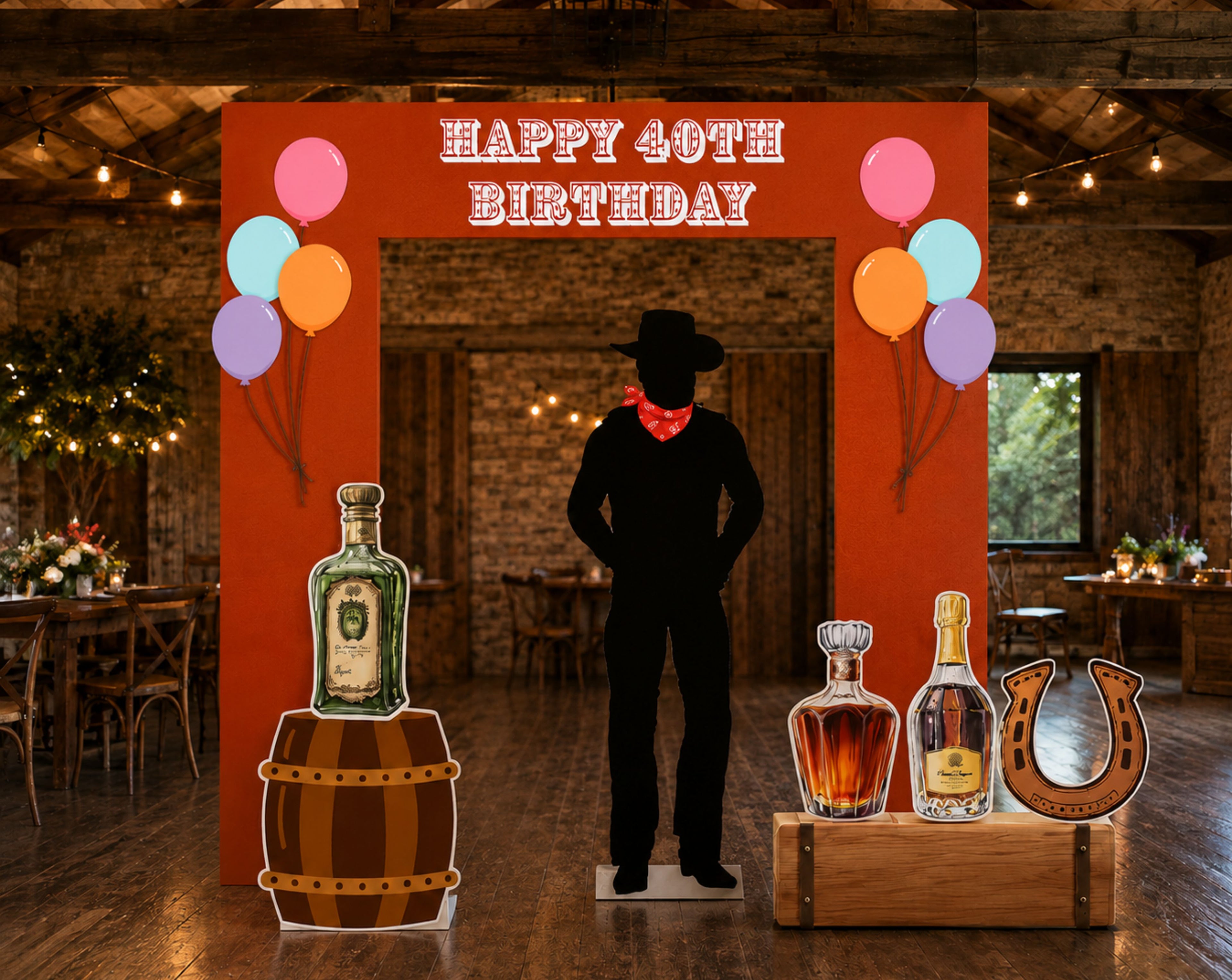 Western saloon inspired birthday backdrop with rustic wood details, cowboy accents and personalized party decor.