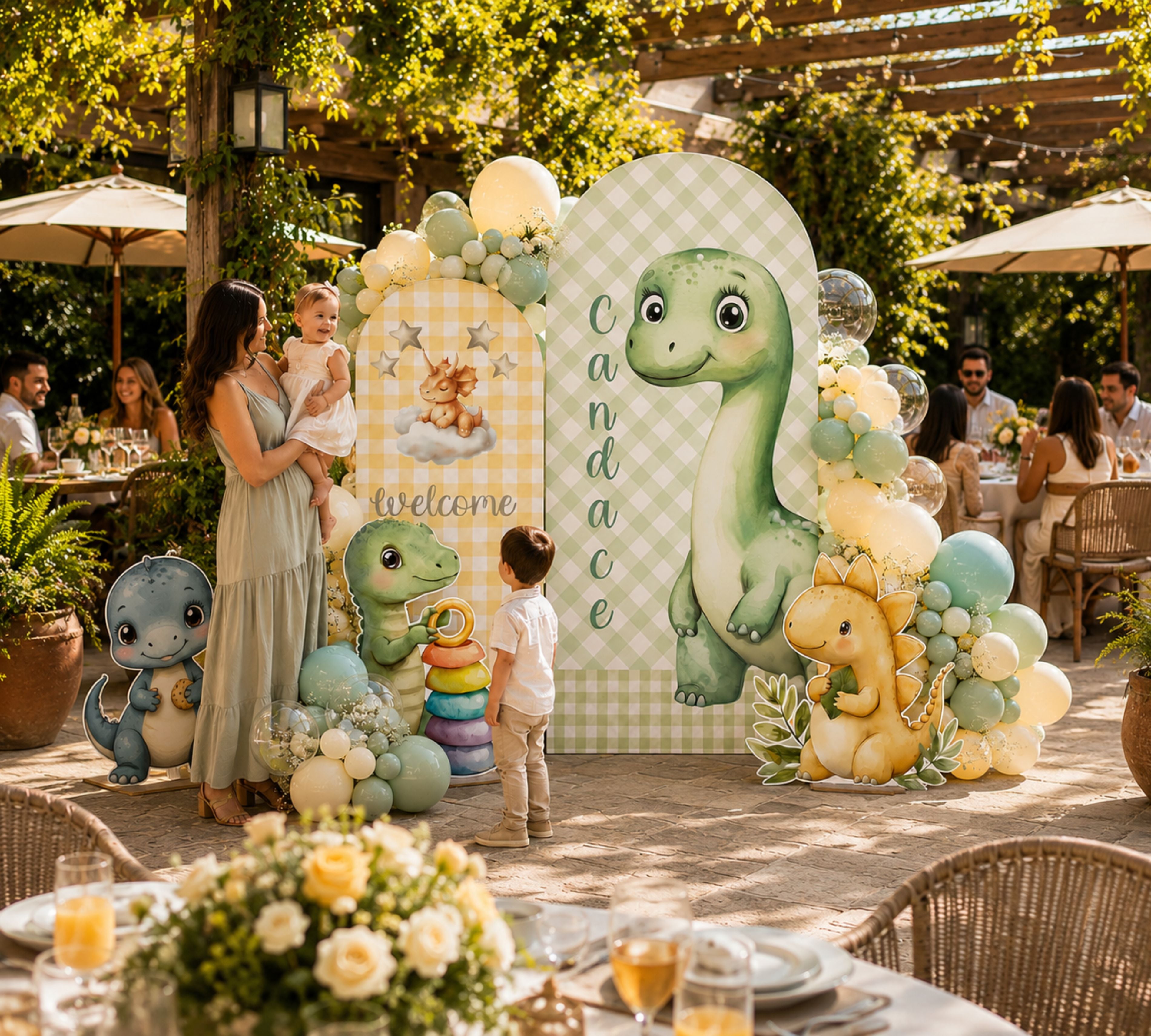 Cute Baby Dinosaur Party Decorations | Personalized Backdrop, Arch Panels & Cutouts