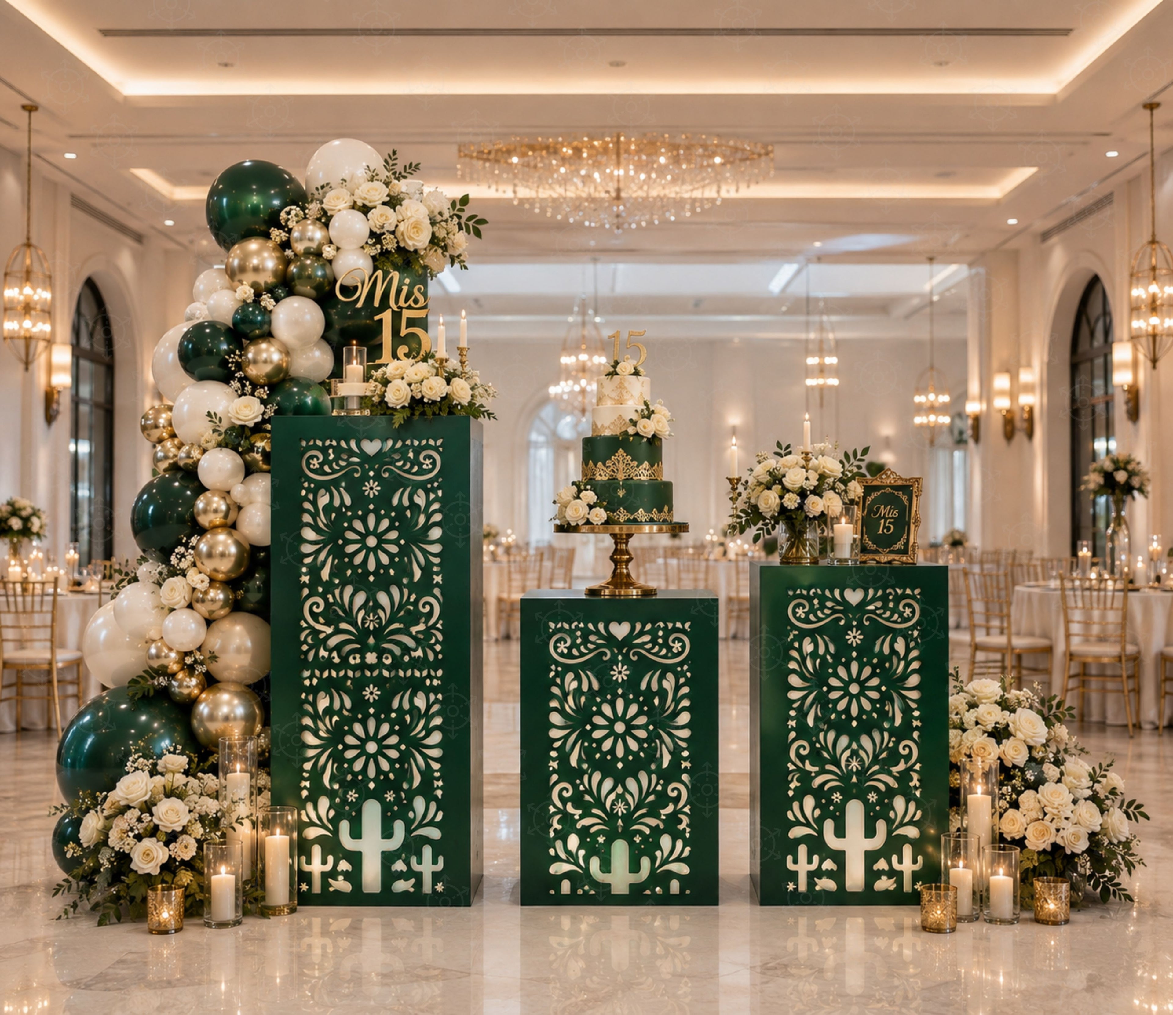 Green Papel Picado backdrop and matching pedestal set with elegant floral party decor