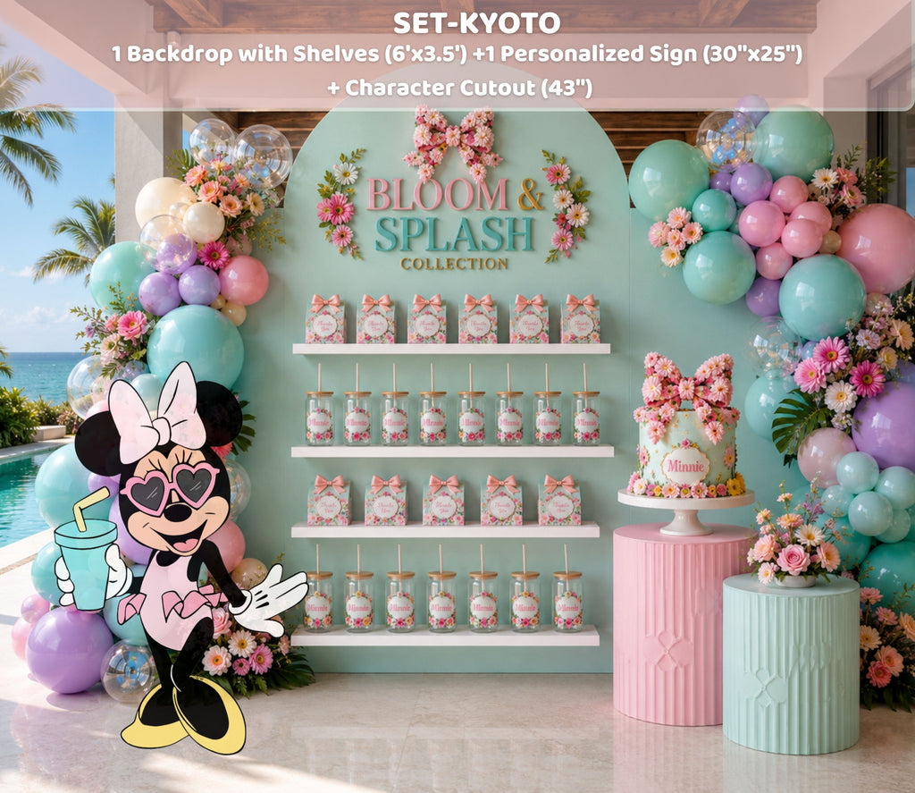 Personalized pastel birthday backdrop with favor display shelves, character cutout, floral accents and pink party decorations.