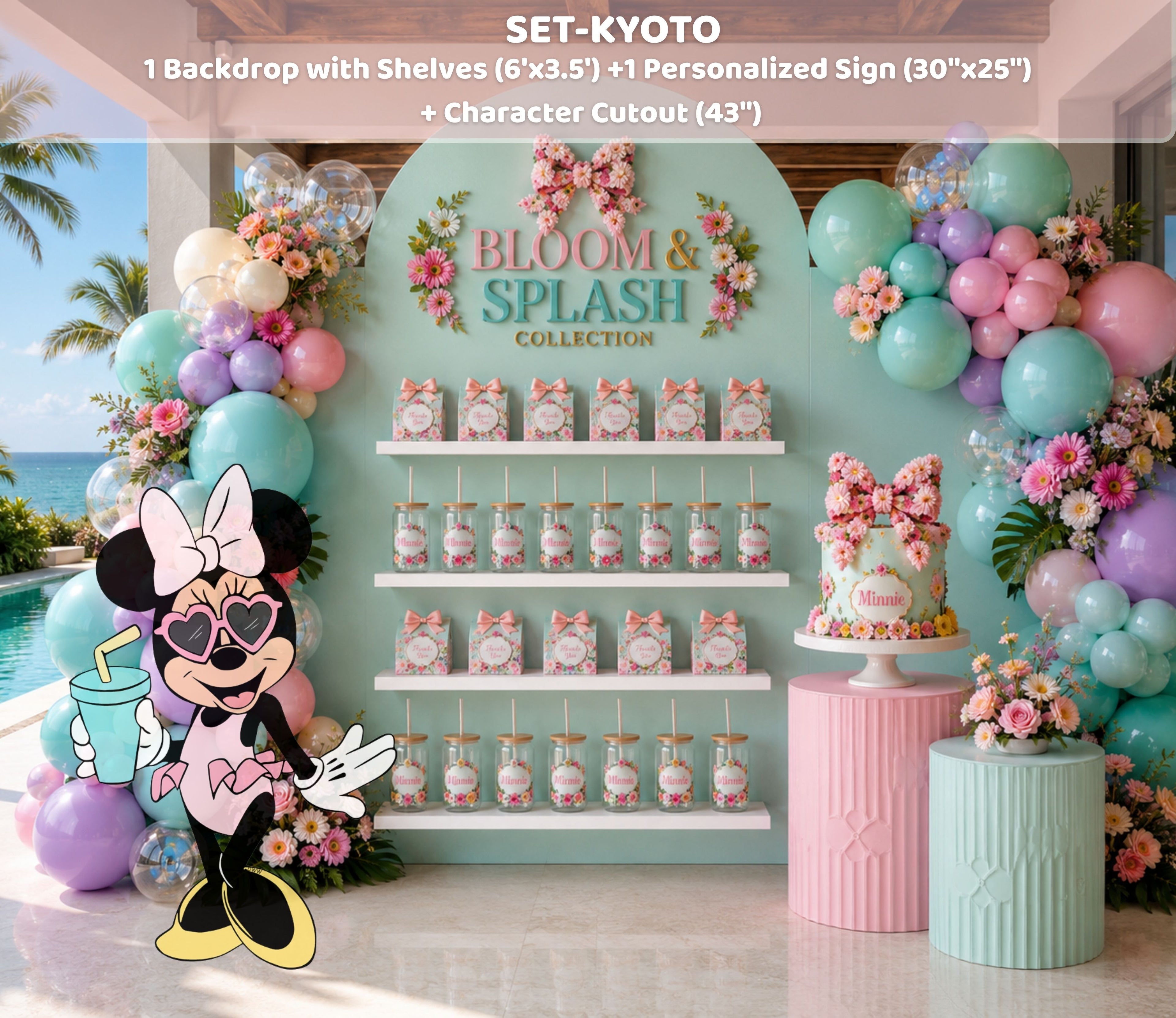 Personalized pastel birthday backdrop with favor display shelves, character cutout, floral accents and pink party decorations.