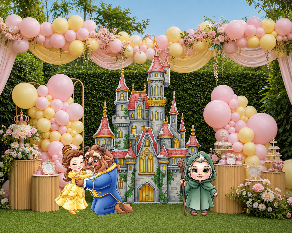 Personalized fairytale princess birthday display with character cutouts, floral details, and custom storybook party decor.