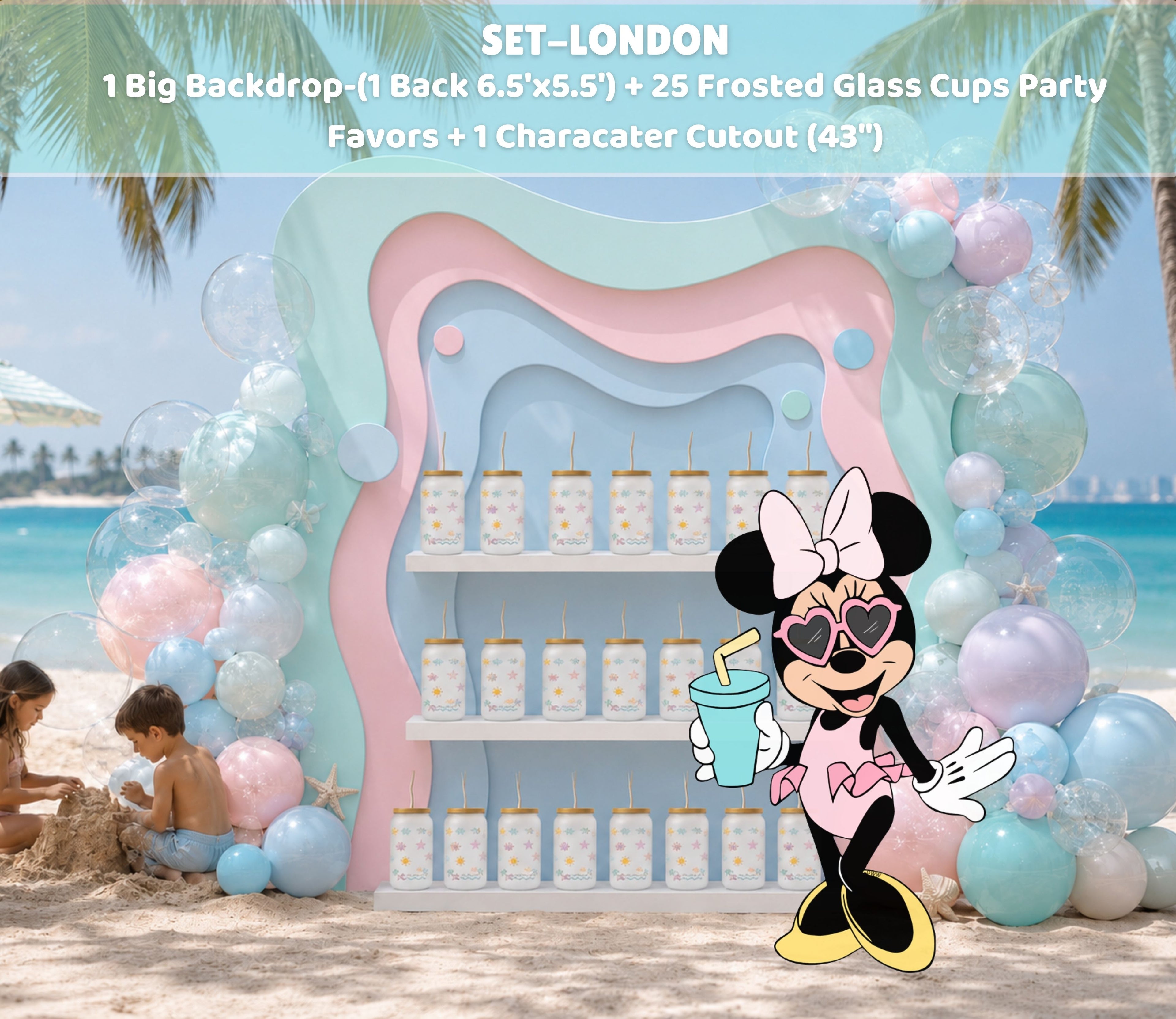 Pastel aqua birthday favor display backdrop with pink balloons, floral accents and personalized party decor.