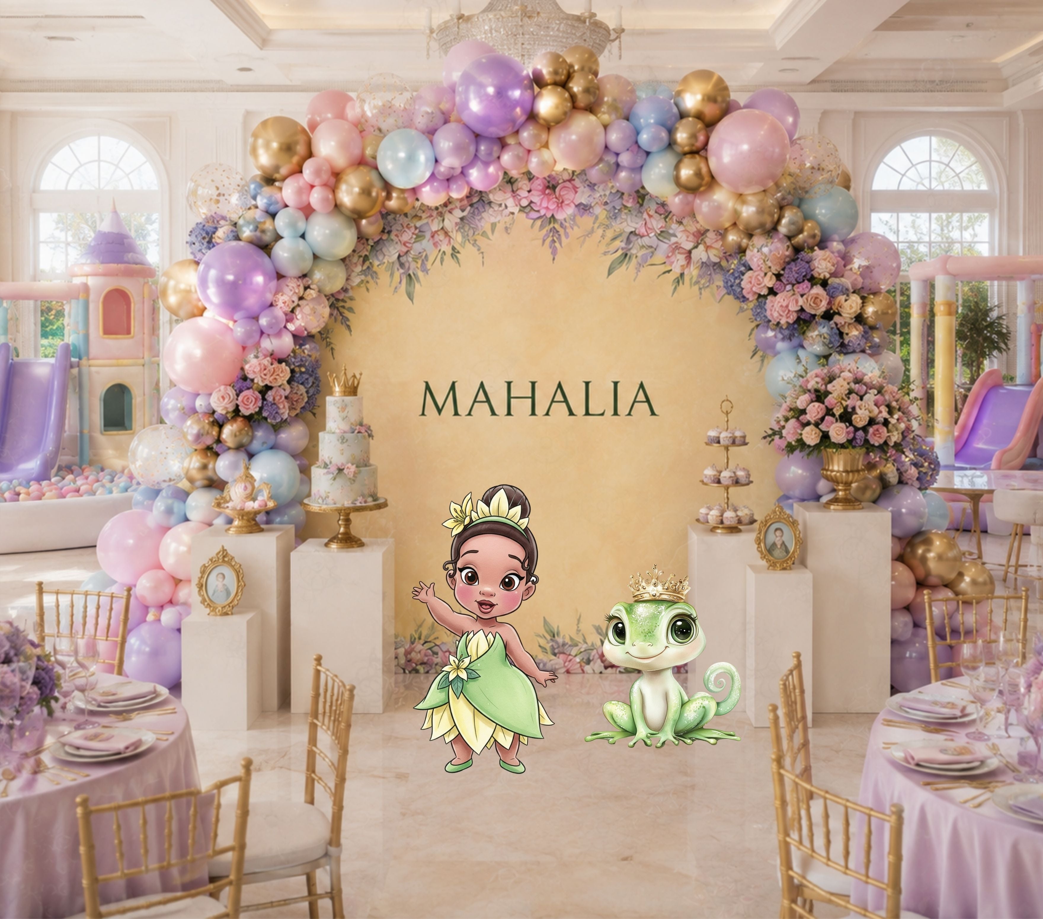 Yellow frog princess birthday backdrop with pastel flowers and princess character cutouts