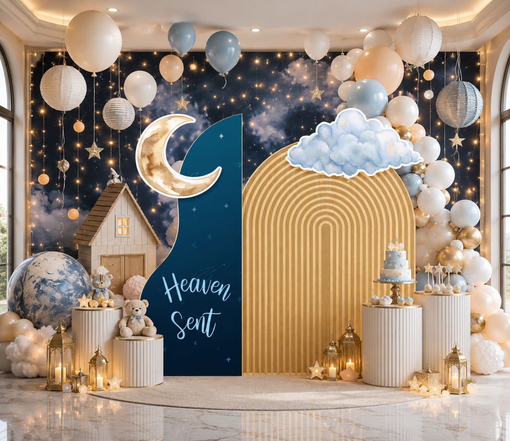 Personalized Heaven Sent Baby Shower Decorations | Celestial Moon & Stars Backdrop & Cutouts | Cloud Baby Boy Party Decor (Copy)