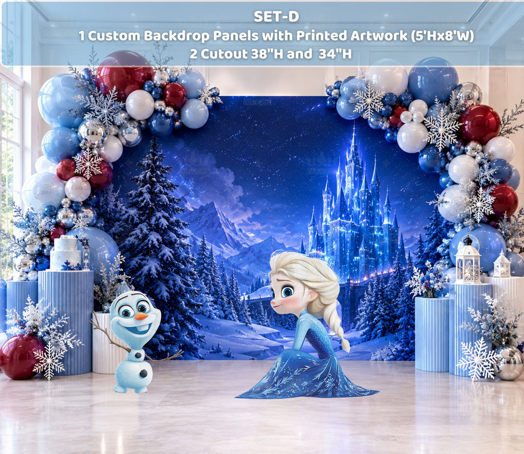 Personalized winter princess backdrop with icy blue castle scene and character cutouts