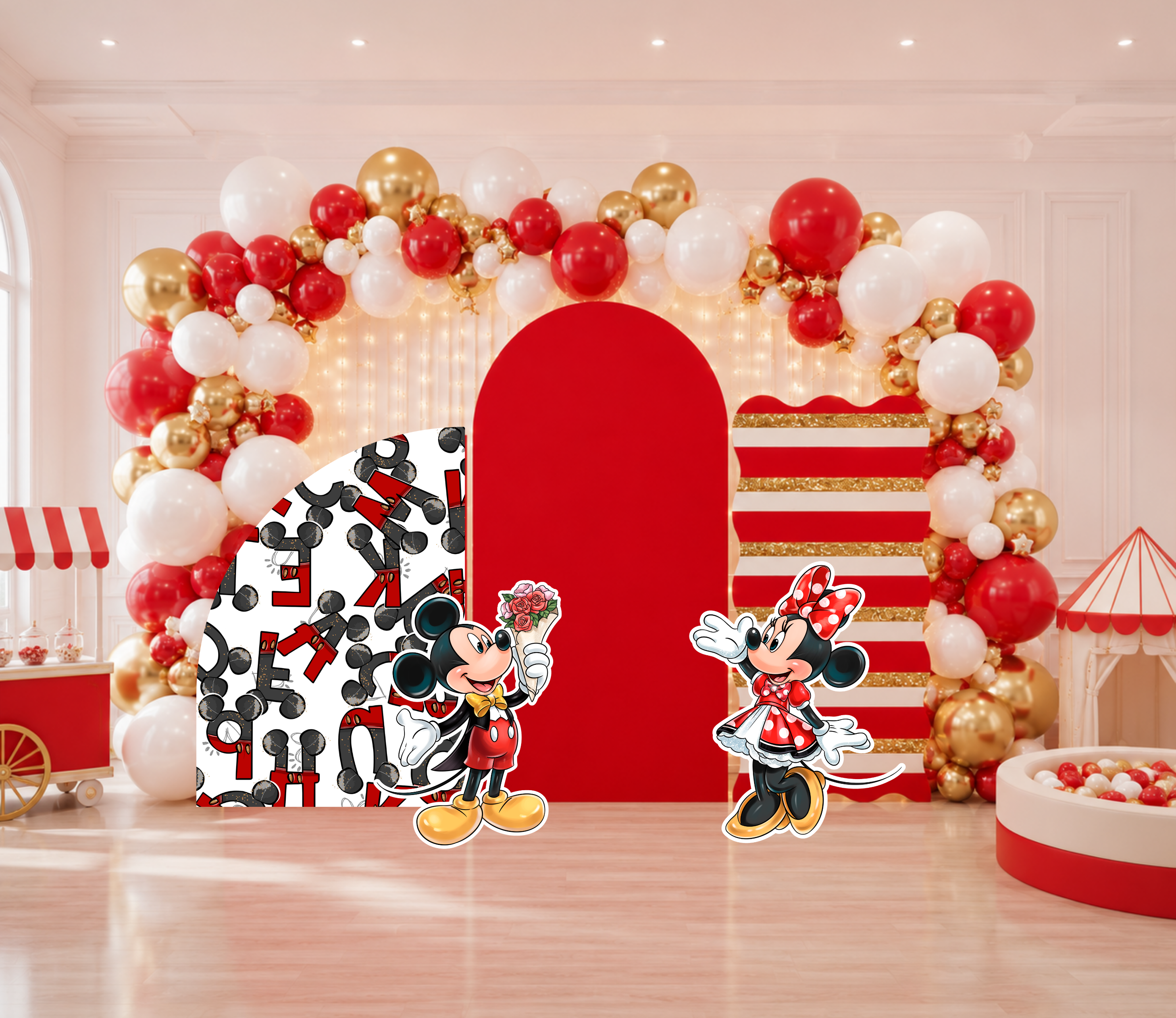 Classic Mouse Birthday Backdrop & Cutouts | Personalized Red Black Gold Party Decorations