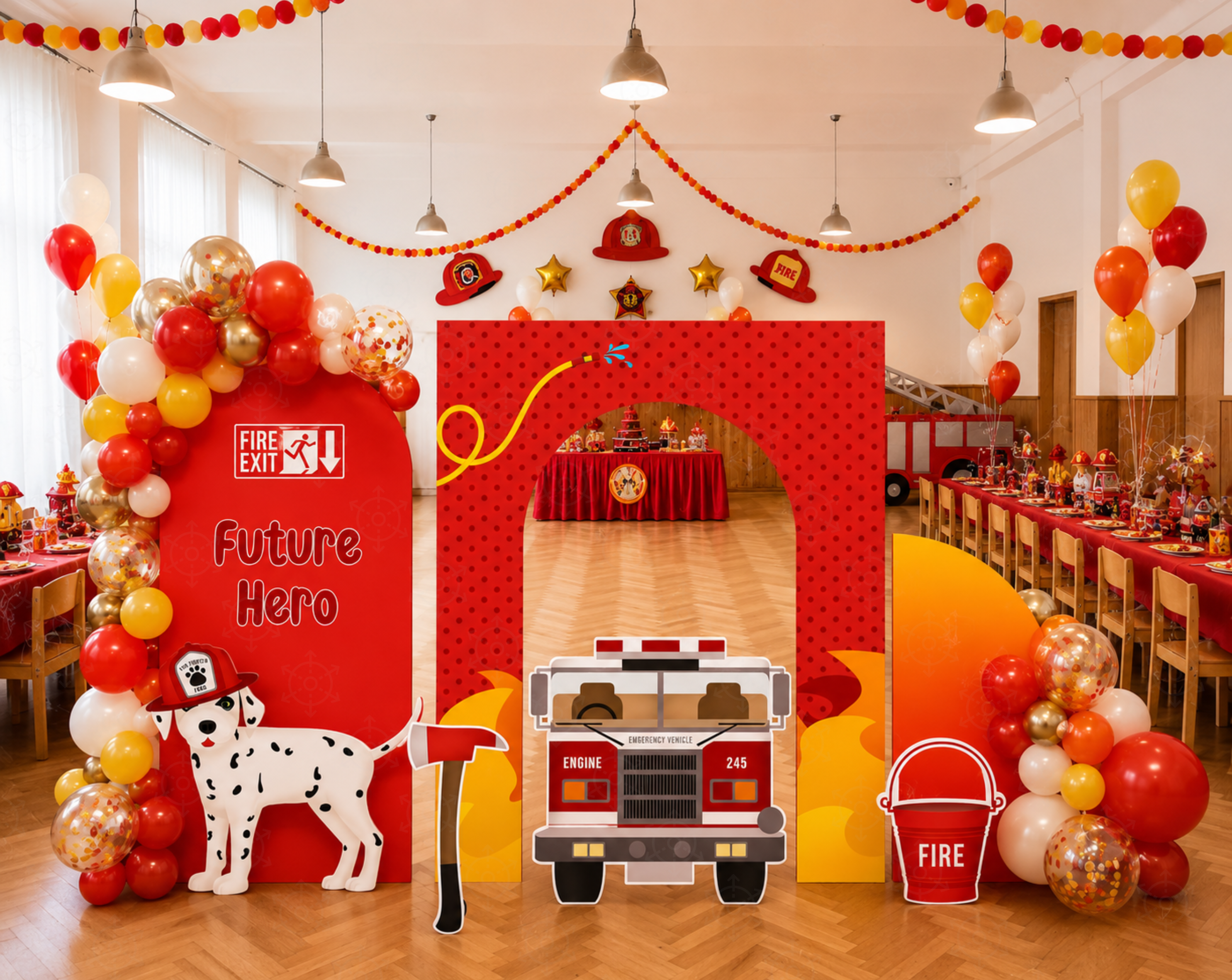 Firefighter Birthday Backdrop & Cutouts | Personalized Fire Truck Party Decorations