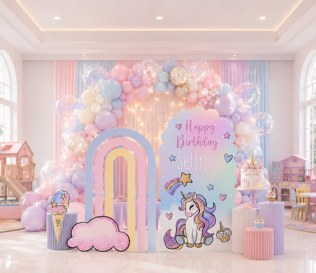 Custom Unicorn Birthday Backdrops & Cutouts | Pink Pastel Unicorn Party Decorations
