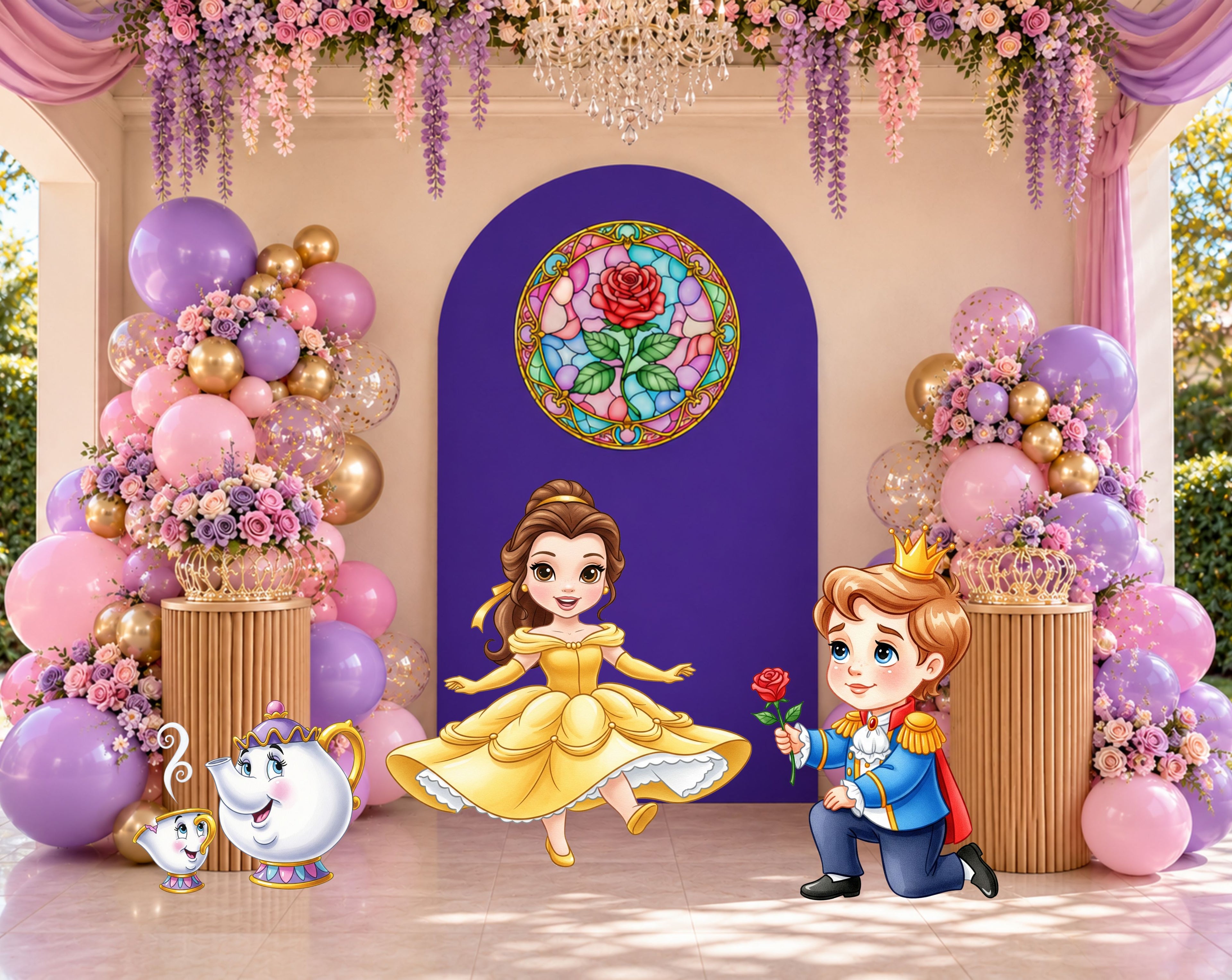 Custom princess backdrop set featuring royal storybook details, pastel party styling, and personalized birthday decorations.