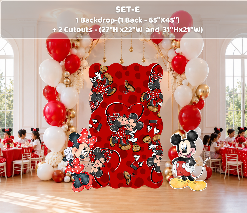 Classic Mouse Birthday Backdrop & Cutouts | Personalized Red Black Gold Party Decorations