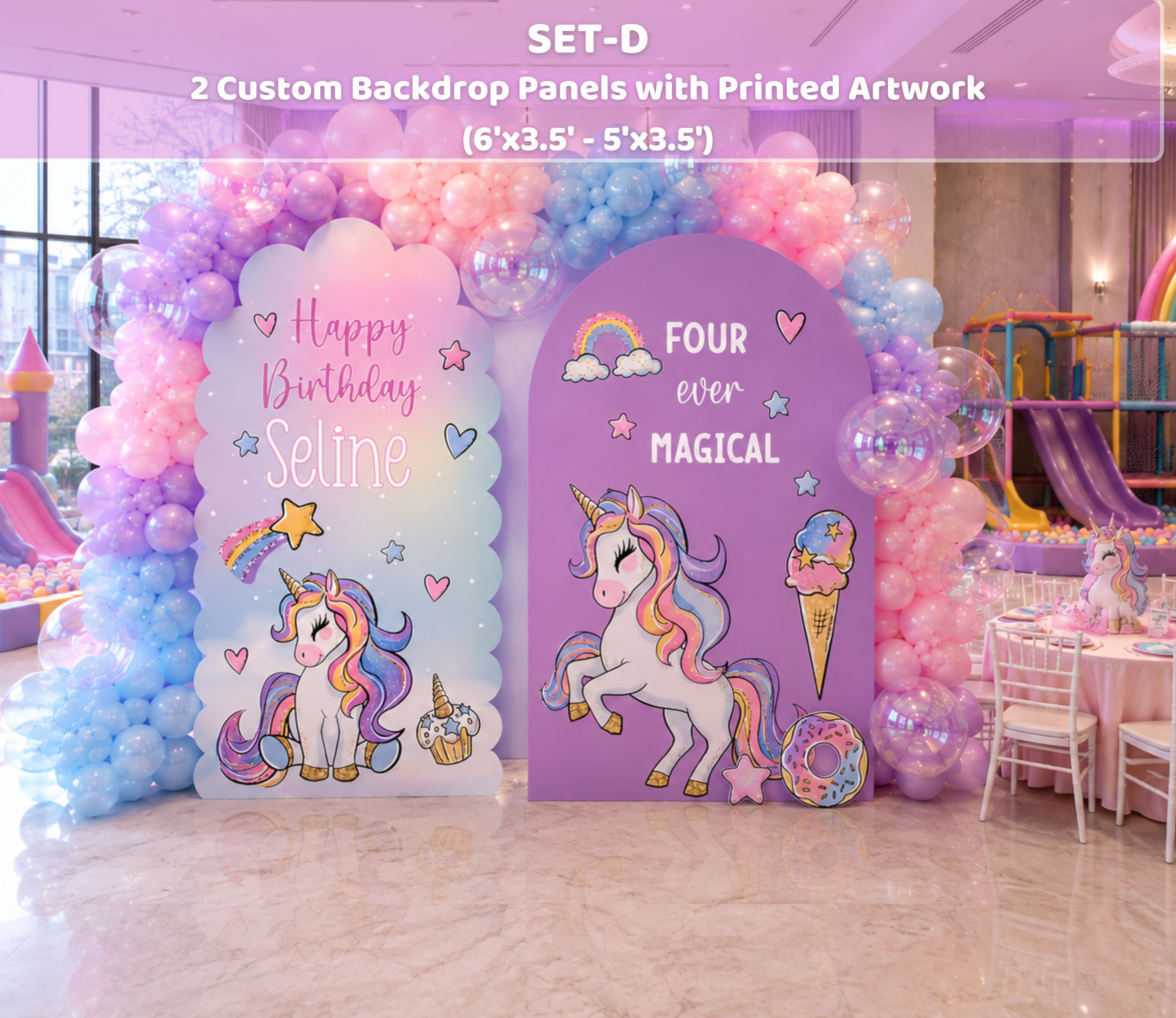 Custom Unicorn Birthday Backdrops & Cutouts | Pink Pastel Unicorn Party Decorations