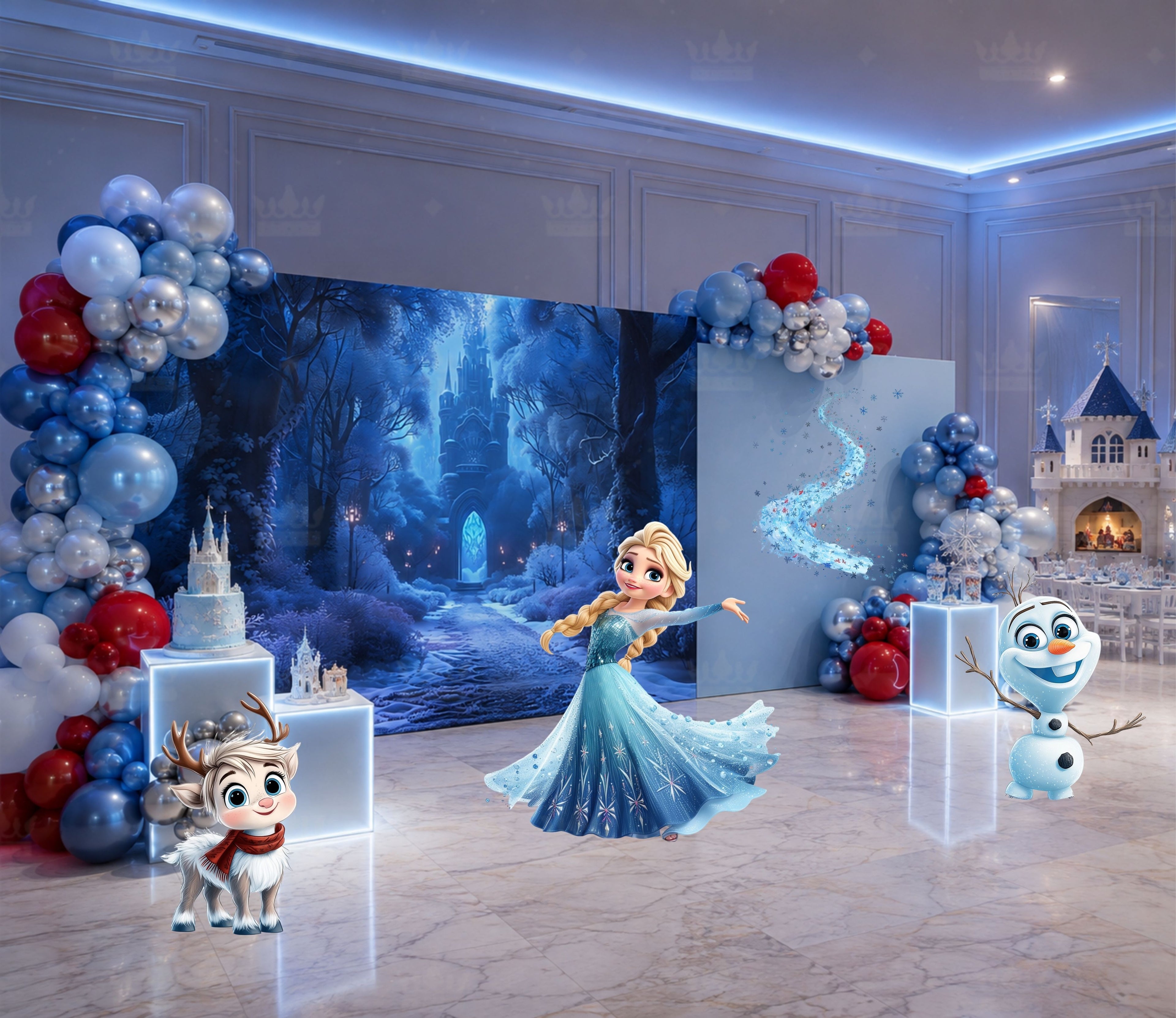 Ice castle birthday backdrop with princess cutouts and blue winter themed party decorations