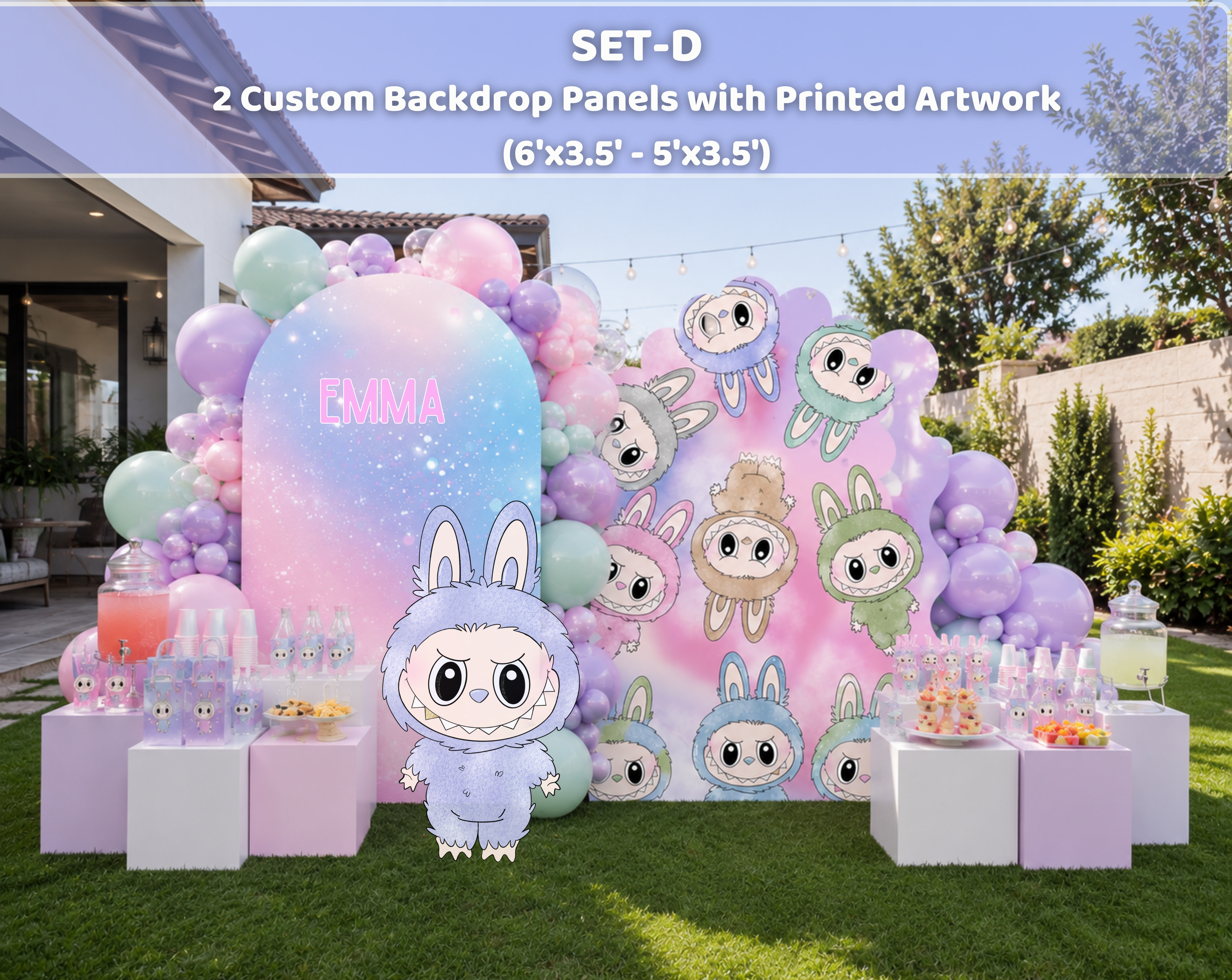 Cute Monster Birthday Backdrop & Cutouts | Personalized Kawaii Pastel Party Decorations