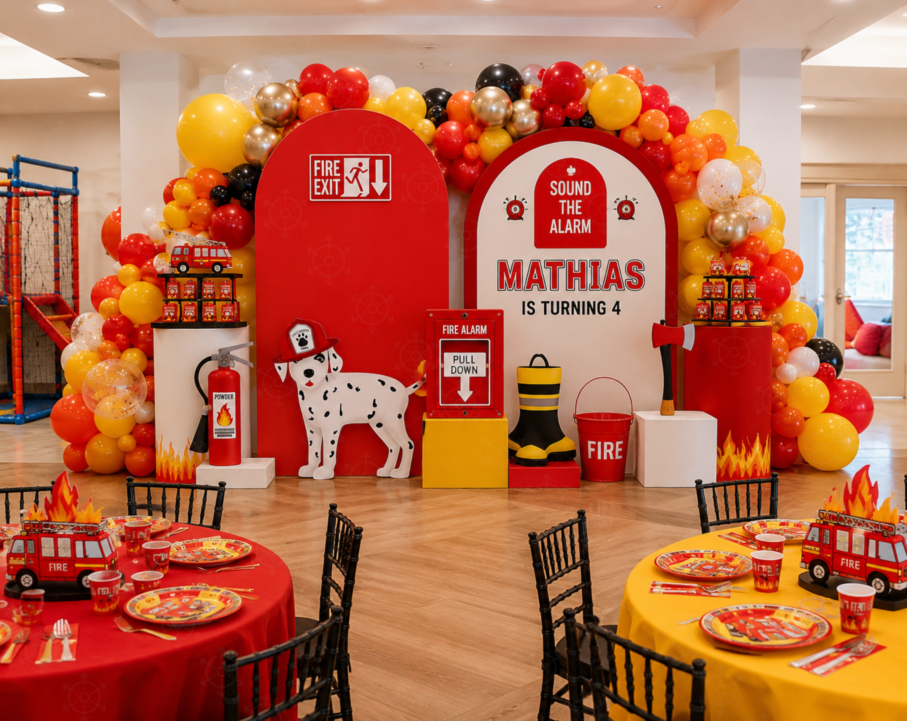 Firefighter Birthday Backdrop & Cutouts | Personalized Fire Truck Party Decorations