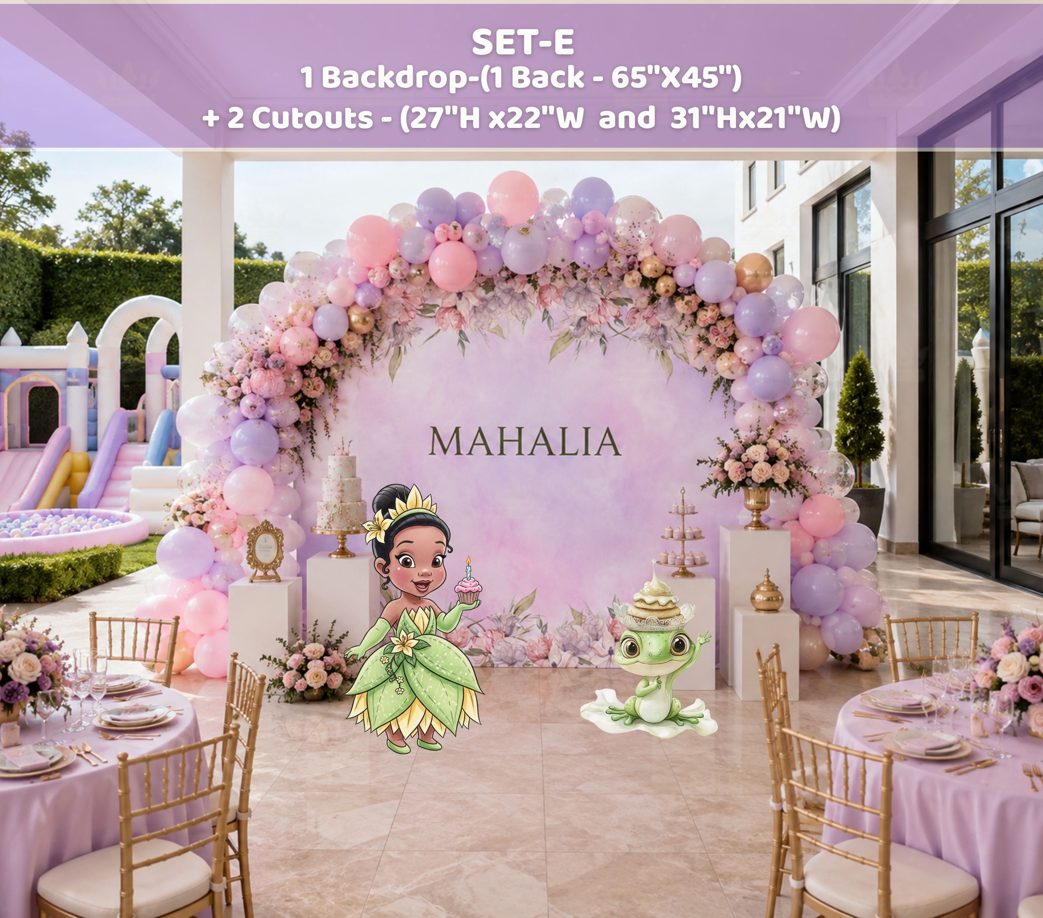 Pink floral frog princess birthday backdrop with personalized name and princess cutouts