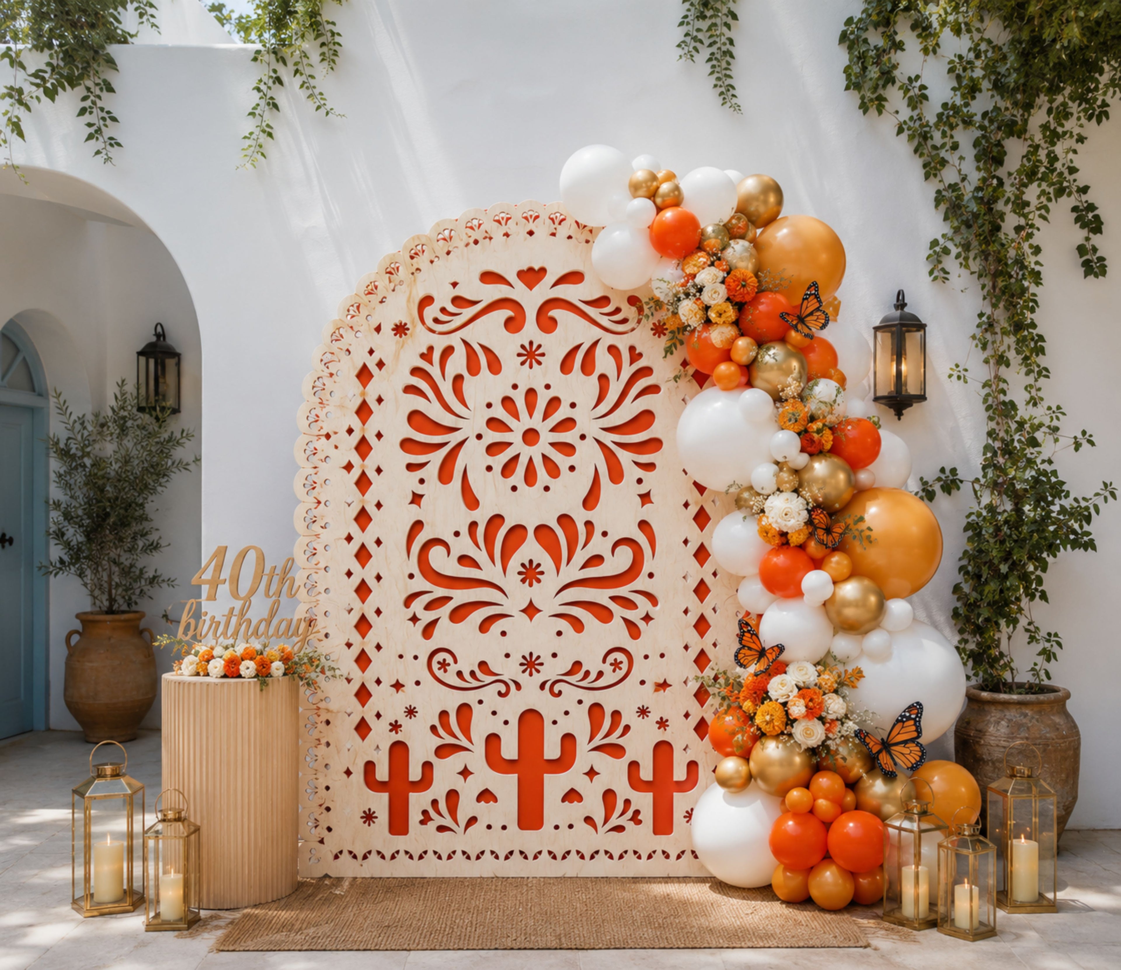 Bright orange papel picado backdrop with colorful balloon garland for Mexican fiesta party