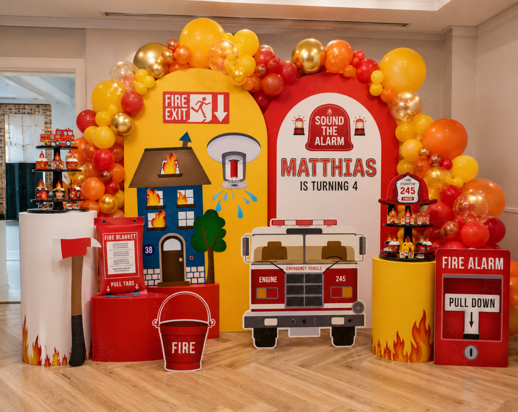 Firefighter Birthday Backdrop & Cutouts | Personalized Fire Truck Party Decorations