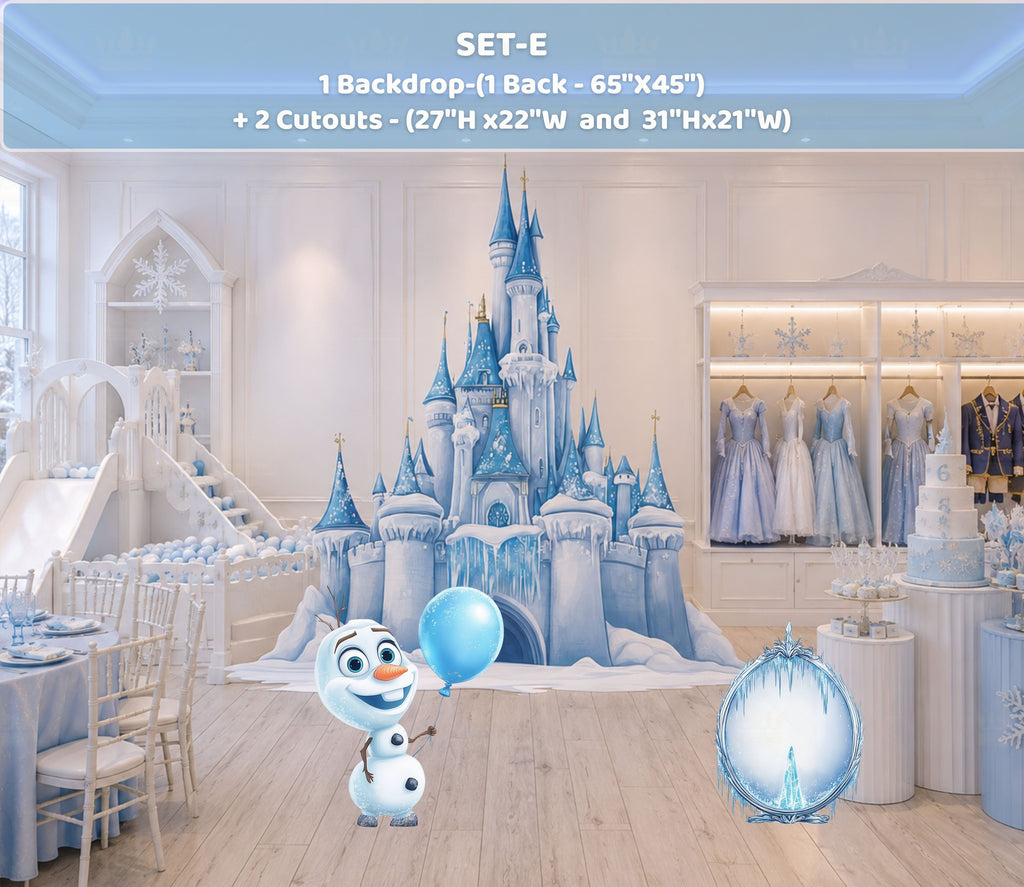 Ice princess party backdrop and cutouts displayed in a blue winter themed birthday setup