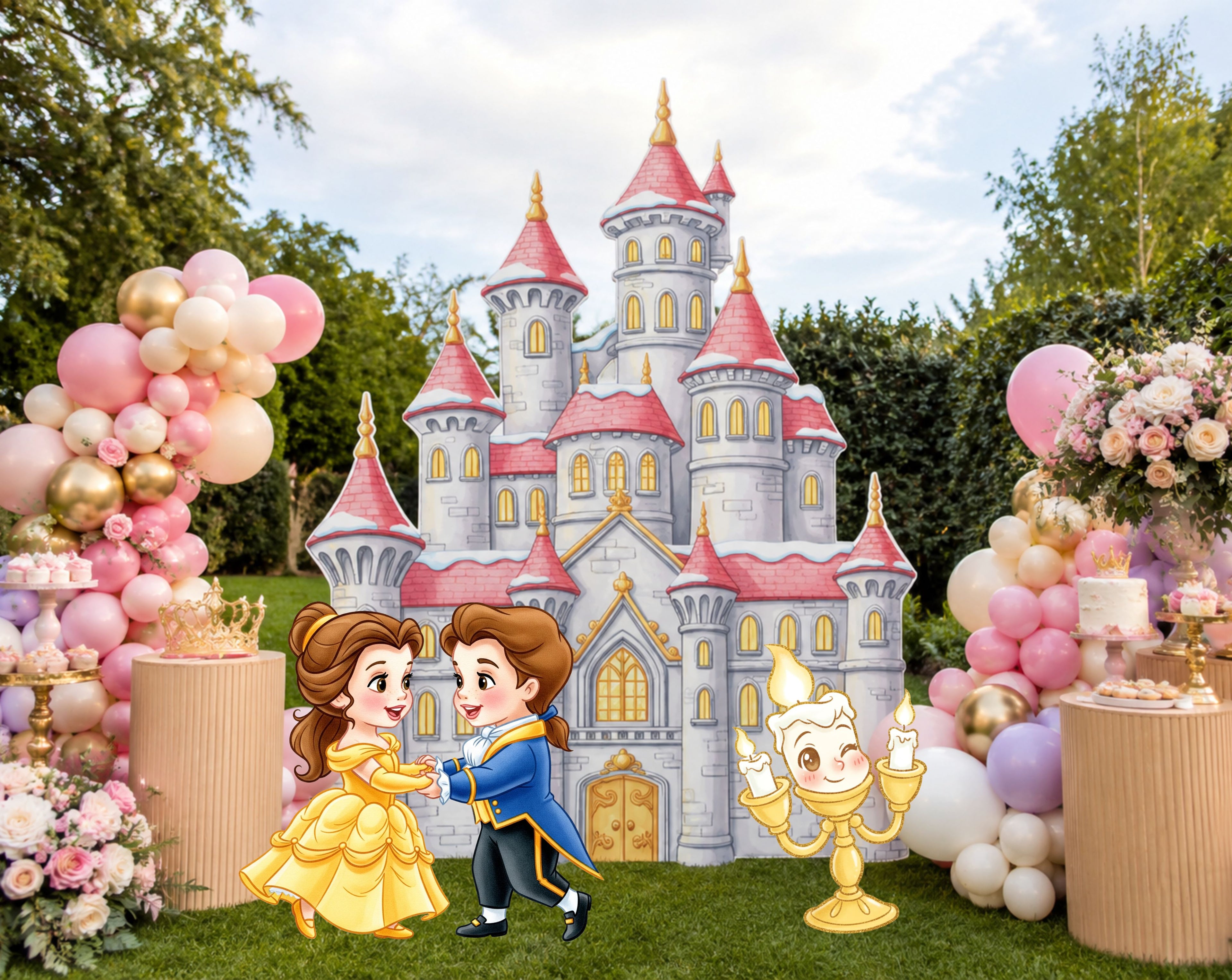 Princess storybook castle birthday backdrop with coordinating character cutouts, floral accents, and personalized fairytale party decor.