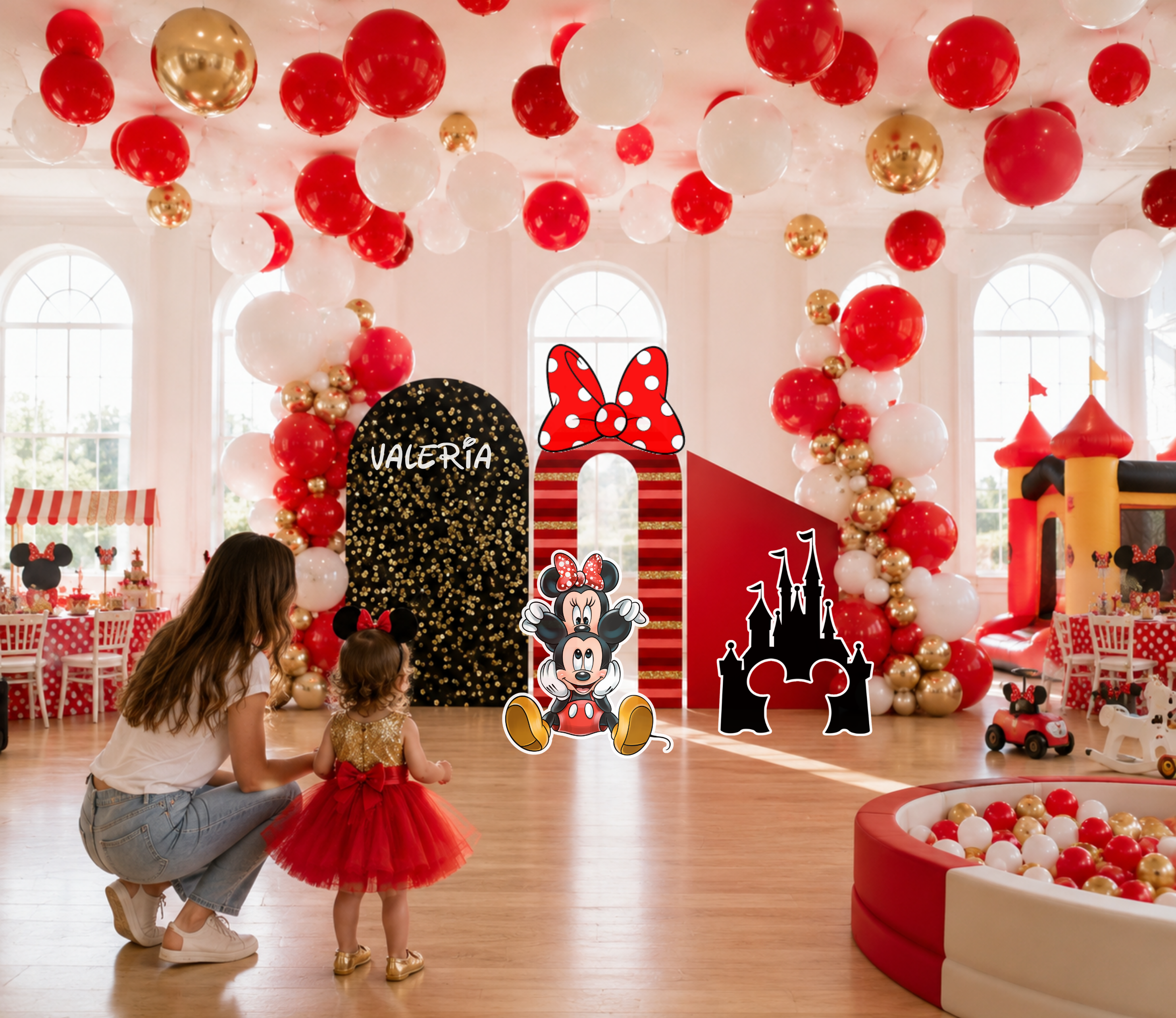 Classic Mouse Birthday Backdrop & Cutouts | Personalized Red Black Gold Party Decorations