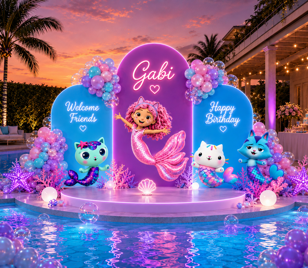Gabby's Dollhouse Mermaid Pool Party Backdrop & Cutouts | Personalized Summer Birthday Decorations