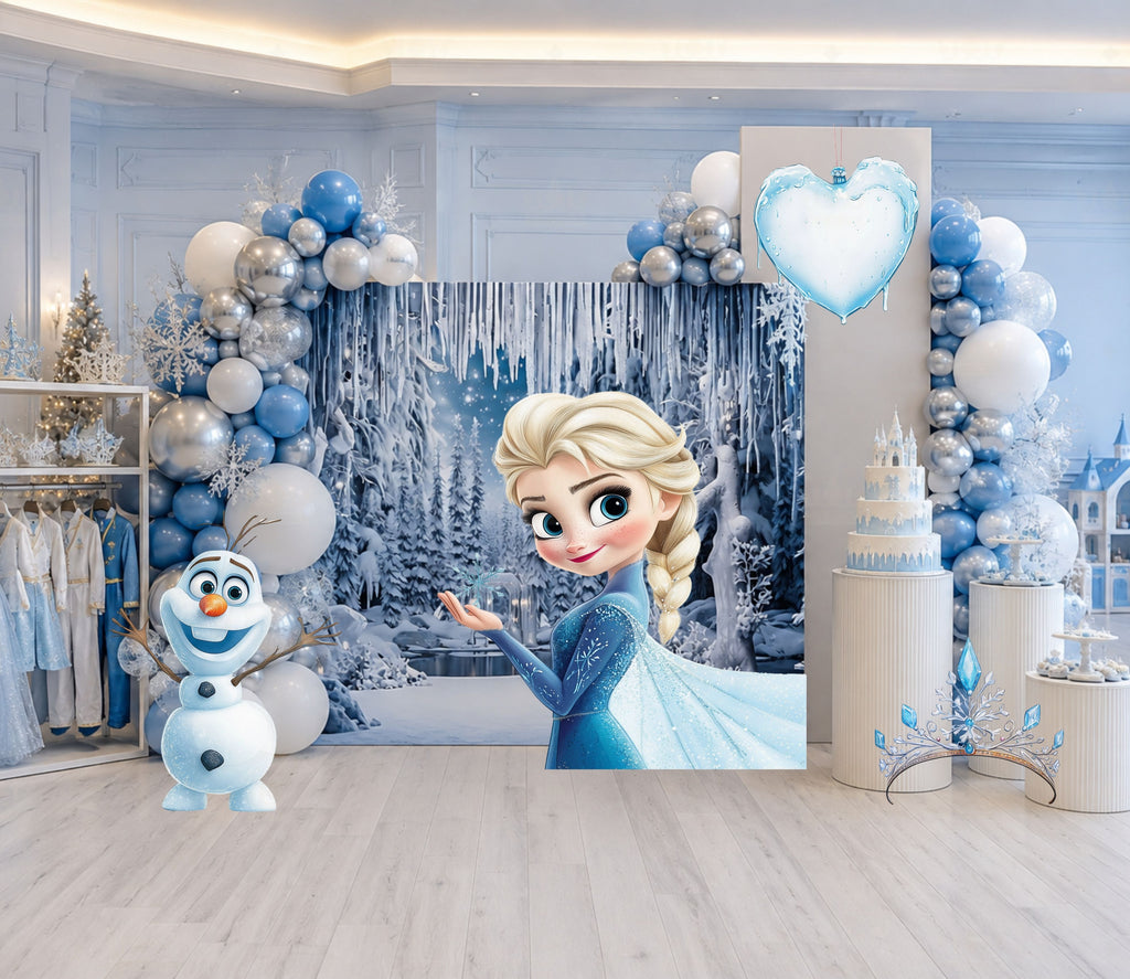 Personalized ice princess backdrop with matching character cutouts and elegant winter party setup