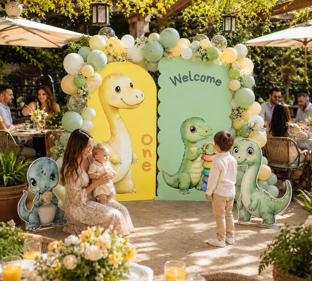 Cute Baby Dinosaur Party Decorations | Personalized Backdrop, Arch Panels & Cutouts