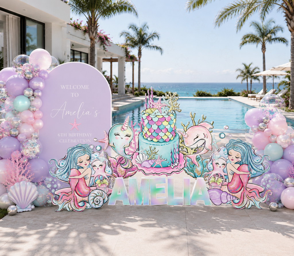 Personalized Mermaid Birthday Backdrop & Cutouts | Under the Sea Party Decorations