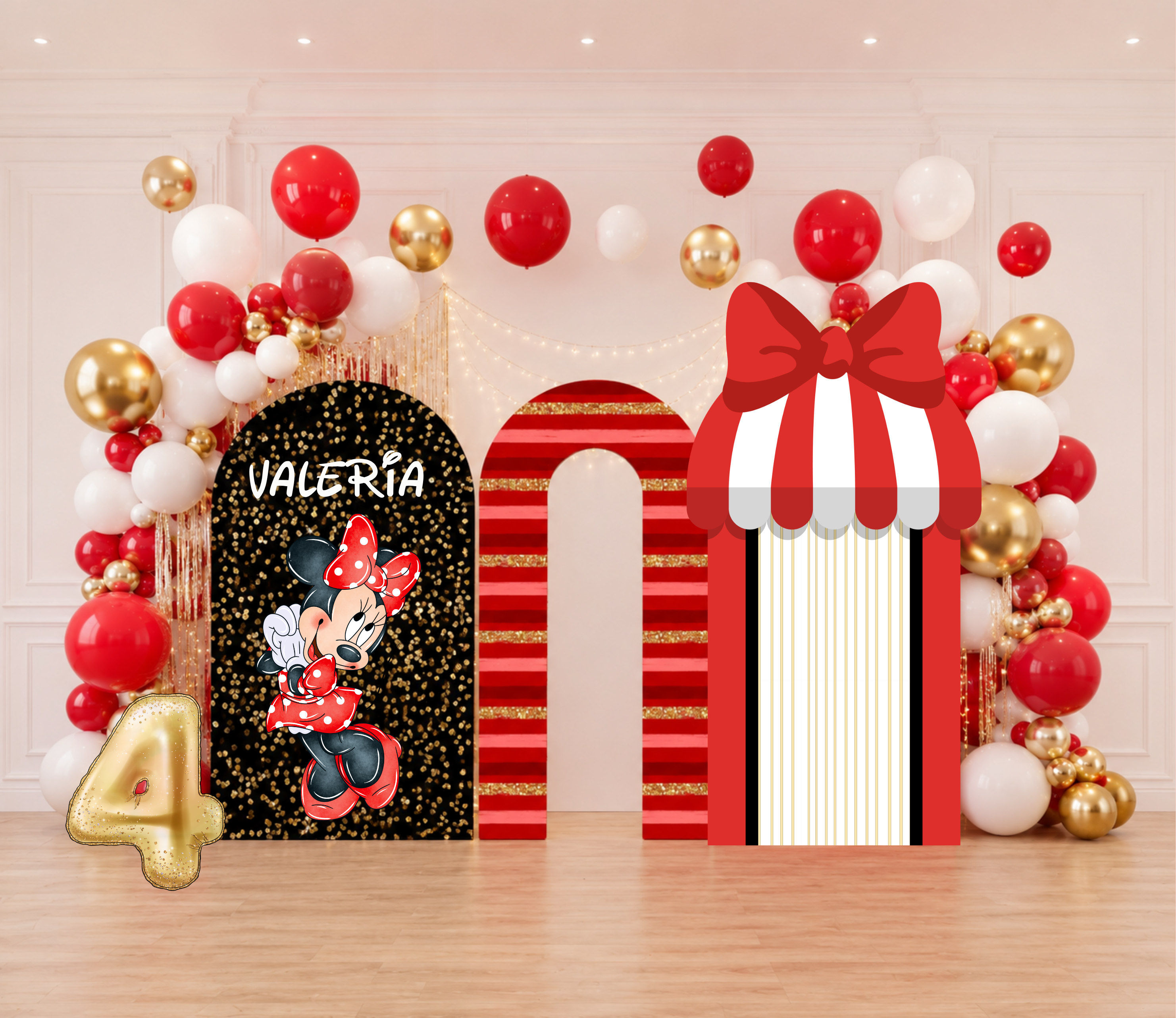 Classic Mouse Birthday Backdrop & Cutouts | Personalized Red Black Gold Party Decorations